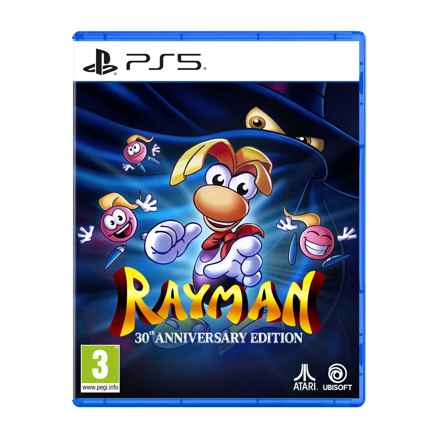 Custodia del gioco Rayman 30th Anniversary Edition per PS5 con Rayman e piccoli aiutanti su sfondo blu.