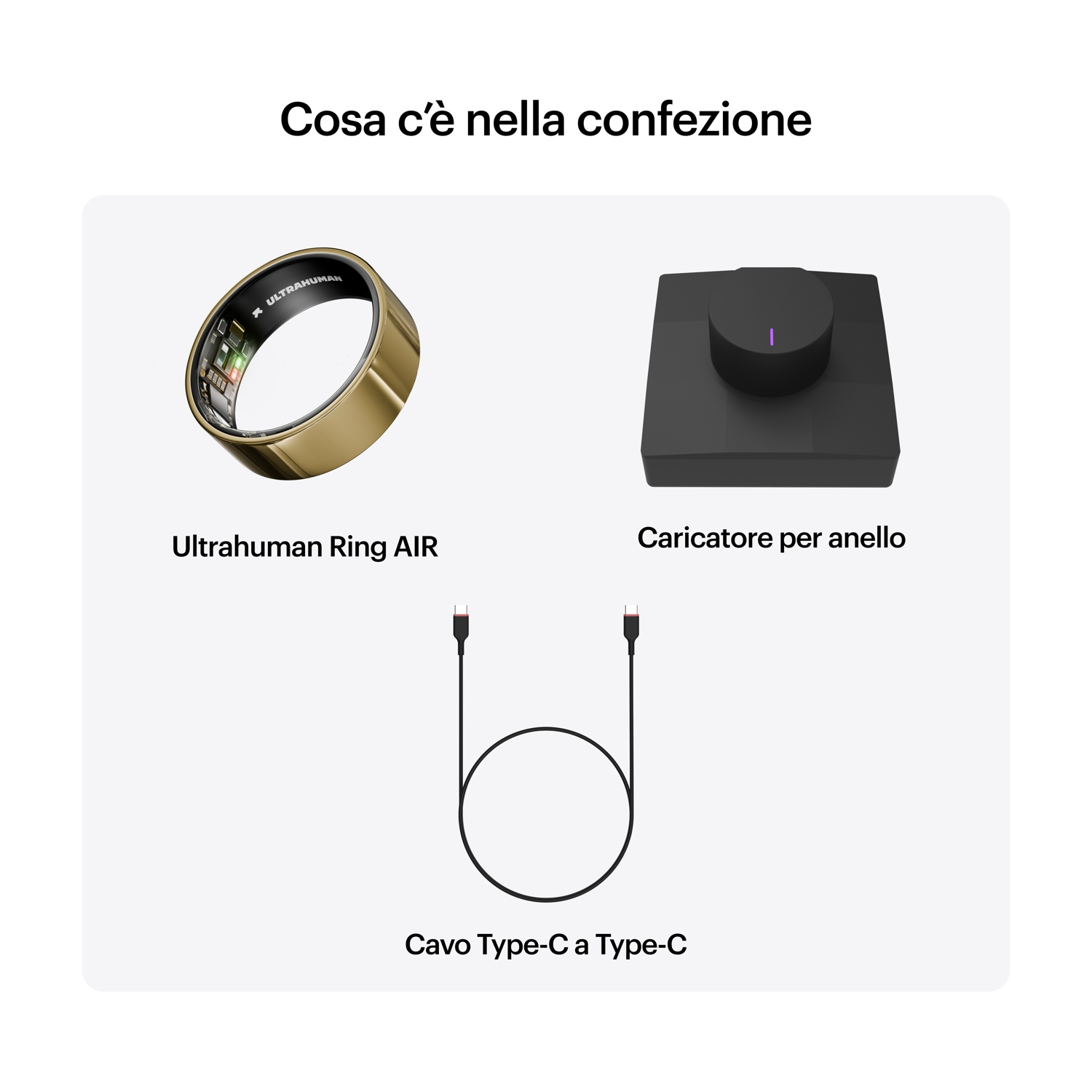 Ultrahuman Ring AIR, caricabatterie e cavo USB-C in confezione.