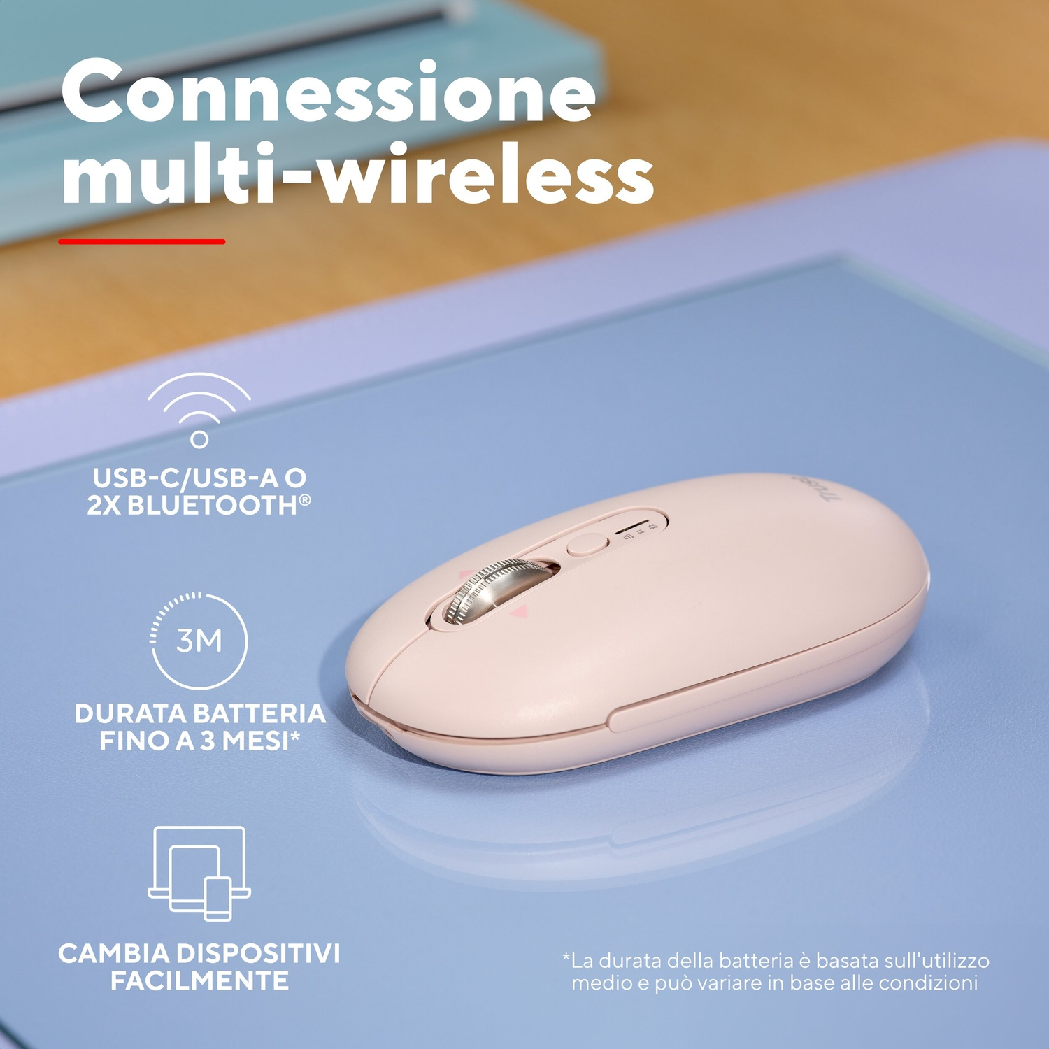 Un mouse rosa su un tappetino blu. Testo: Connessione multi-wireless.