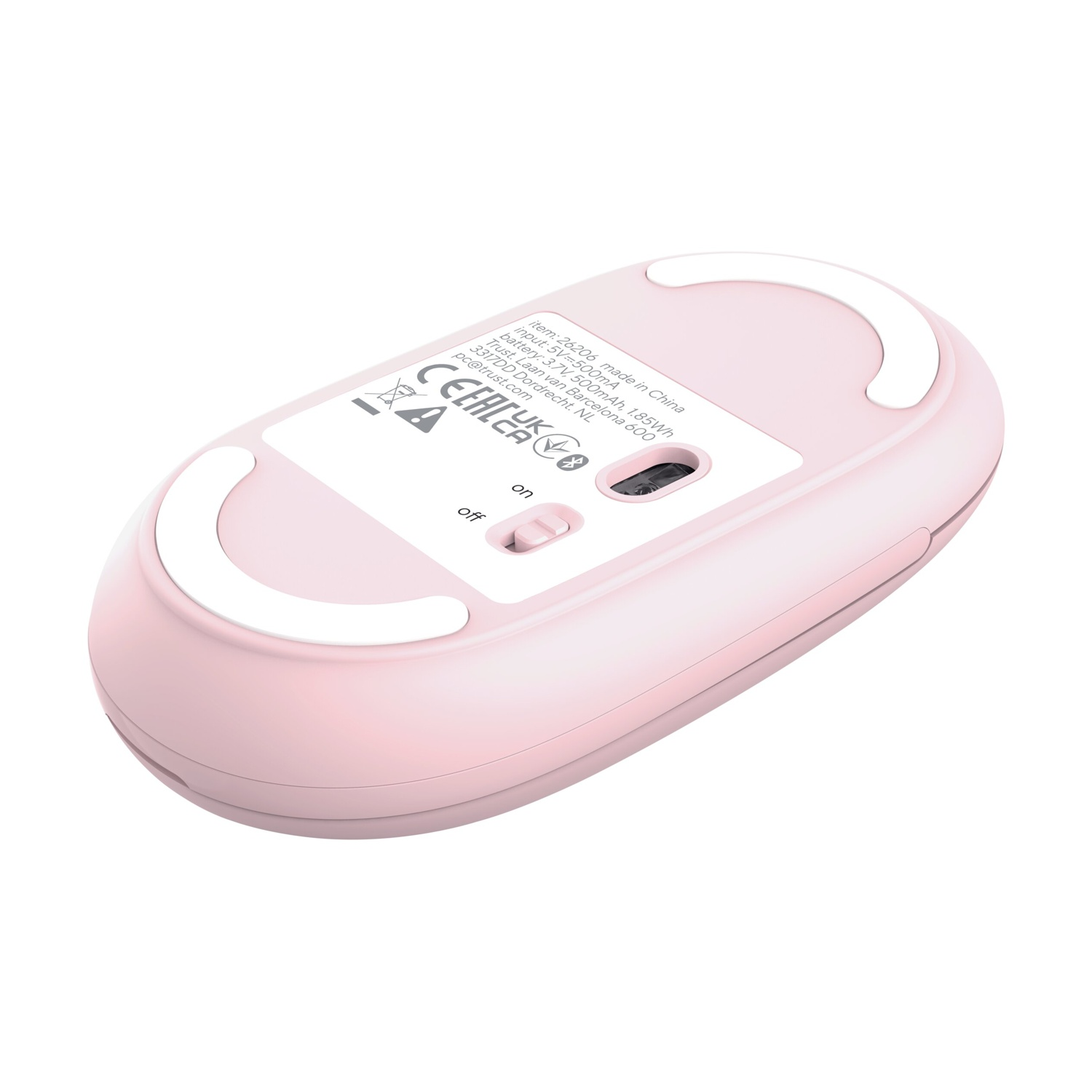 Parte inferiore di un mouse rosa con etichetta e interruttore on/off.