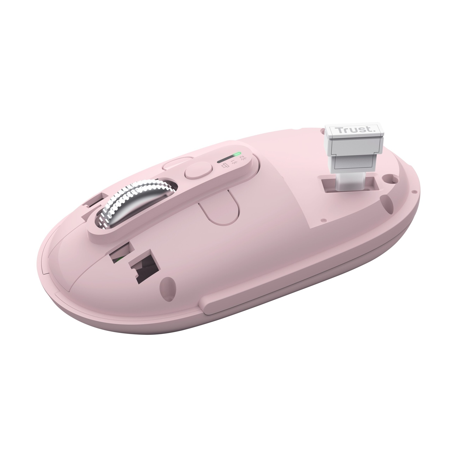Un mouse Trust rosa con rotellina argentata e dongle USB.