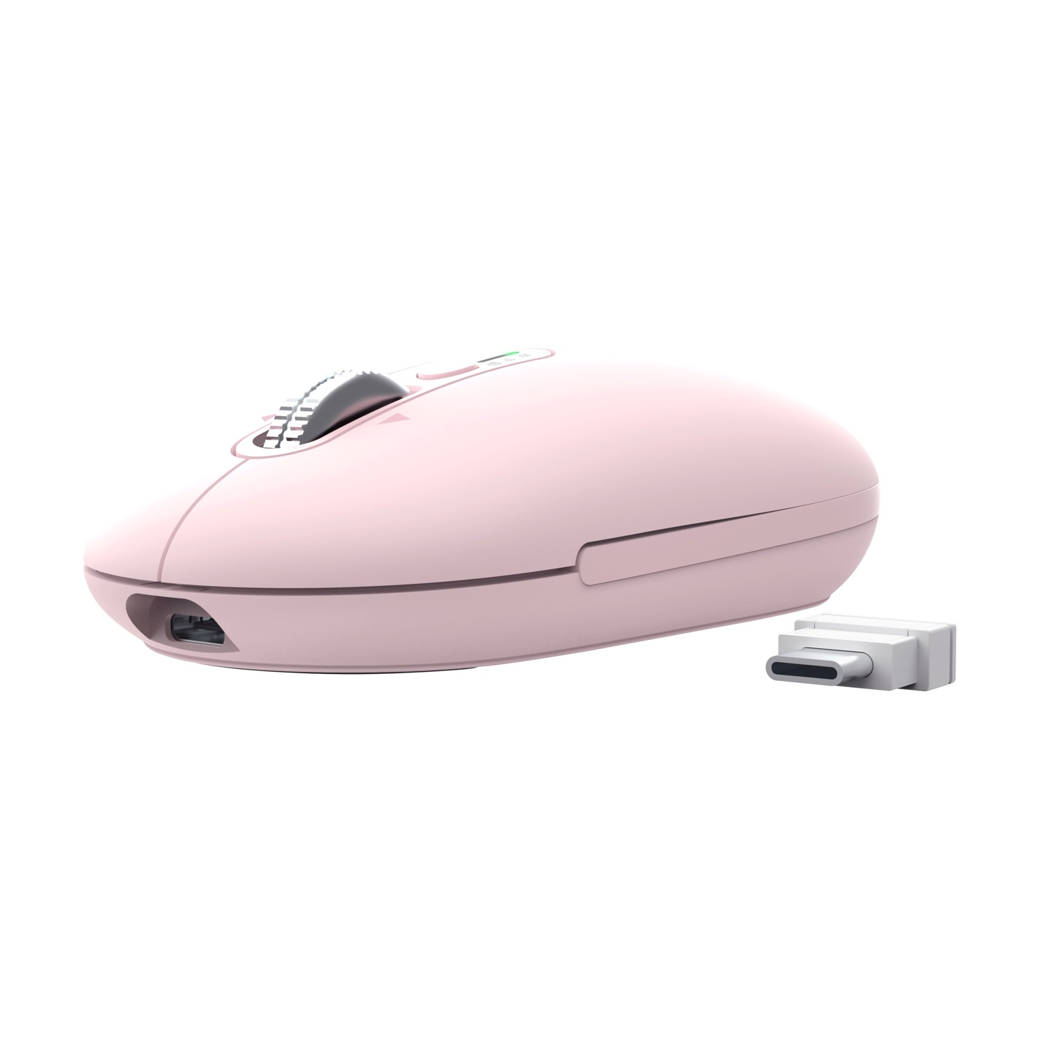 Un mouse rosa pallido con dongle USB-C, isolato su sfondo bianco.