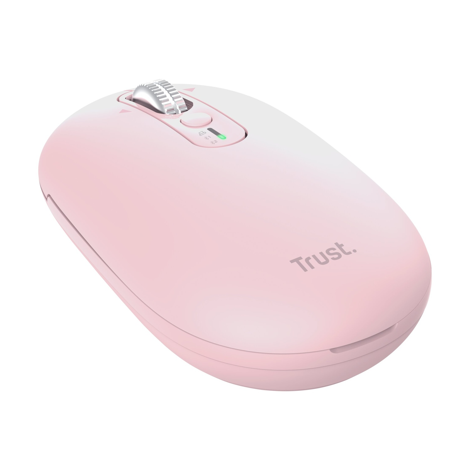 Un mouse wireless rosa con rotellina argentata e logo 'Trust.'