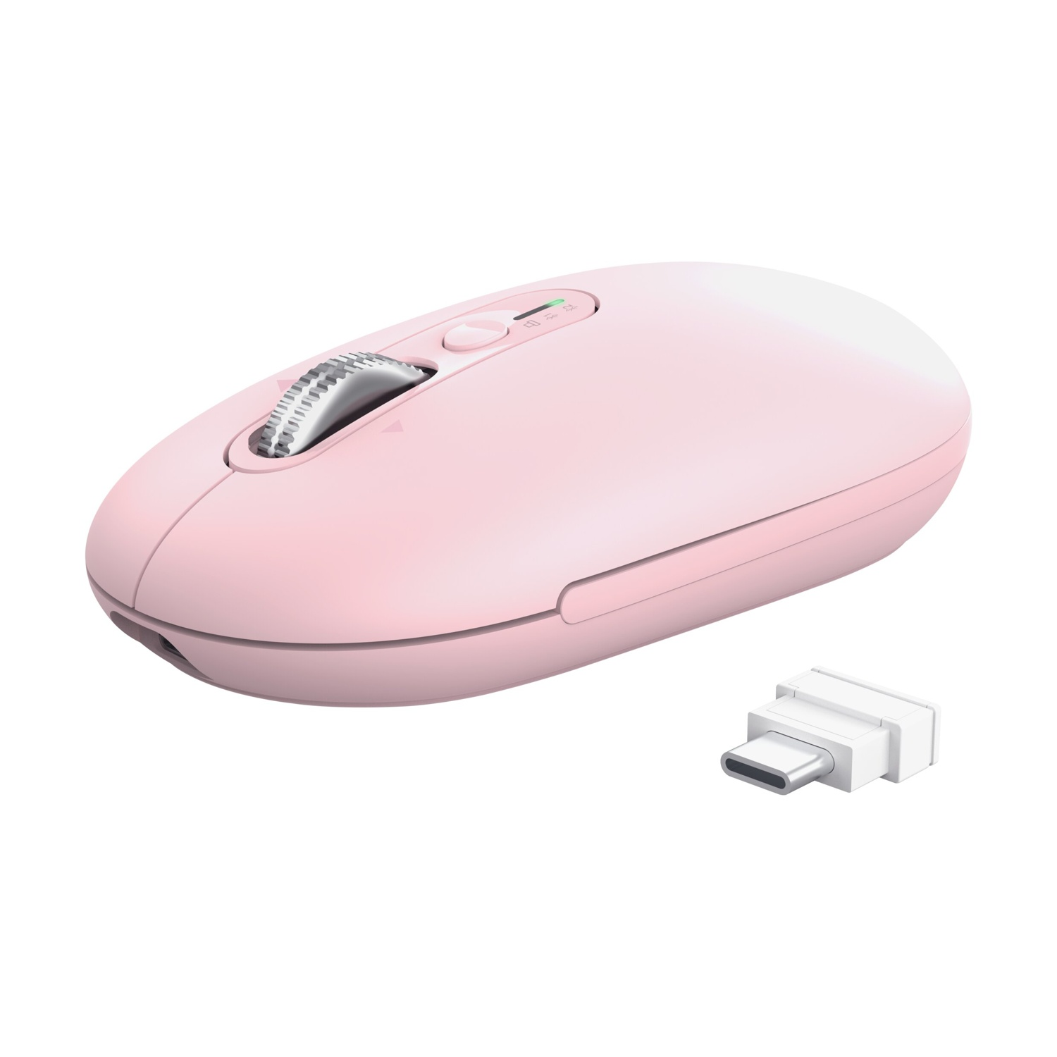 Un mouse rosa con rotellina argentata e adattatore USB-C.