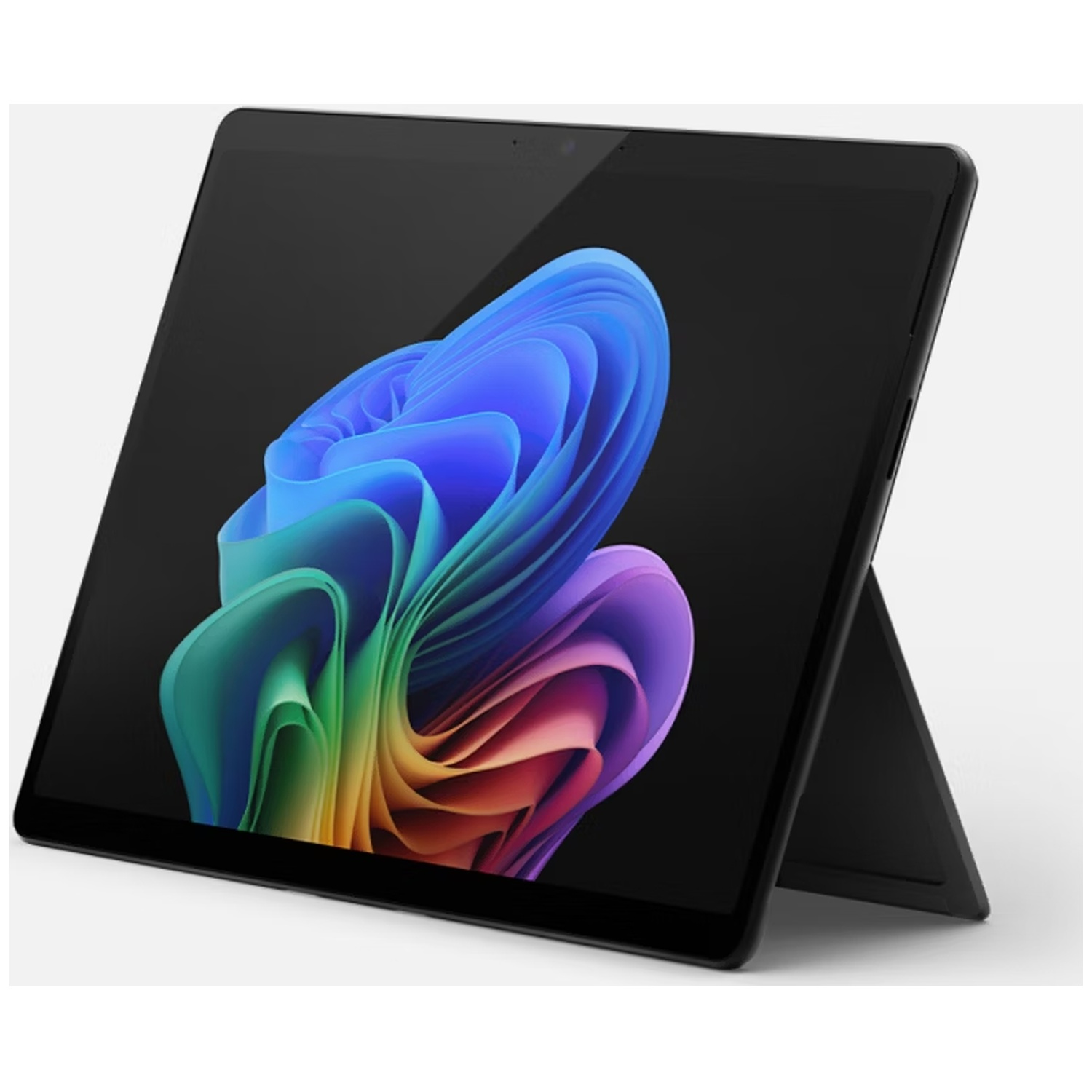 Une tablette noire avec fond d'écran abstrait coloré et béquille est affichée.