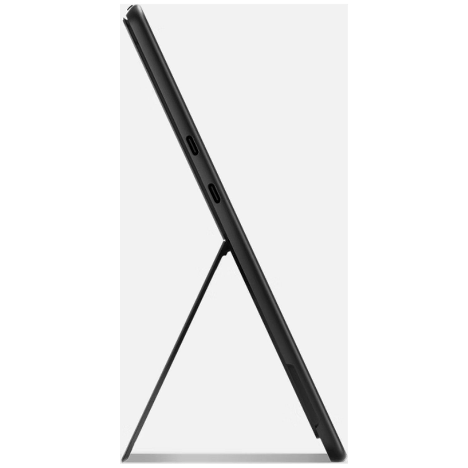 Black tablet with a kickstand, shown from the side on a light background.