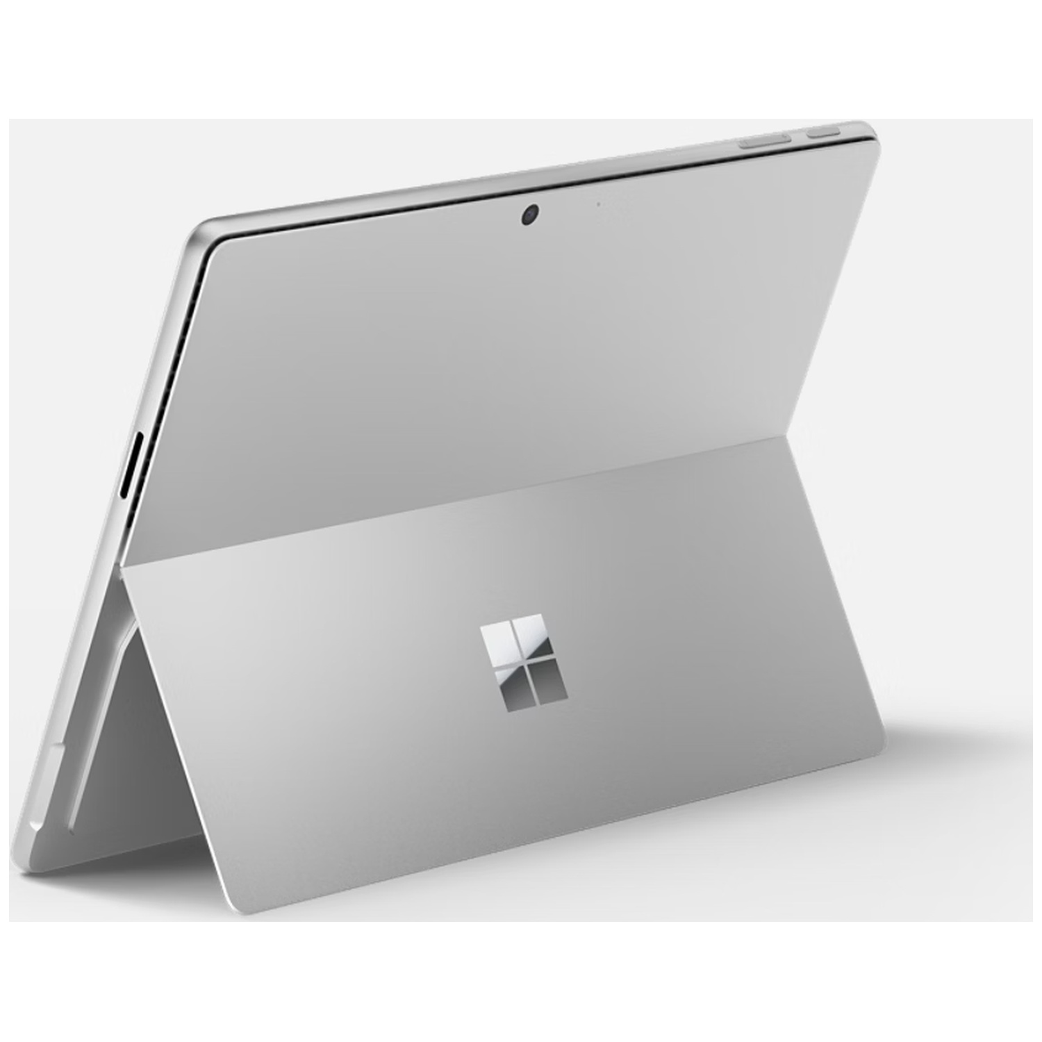 A silver Microsoft Surface tablet with its kickstand deployed.