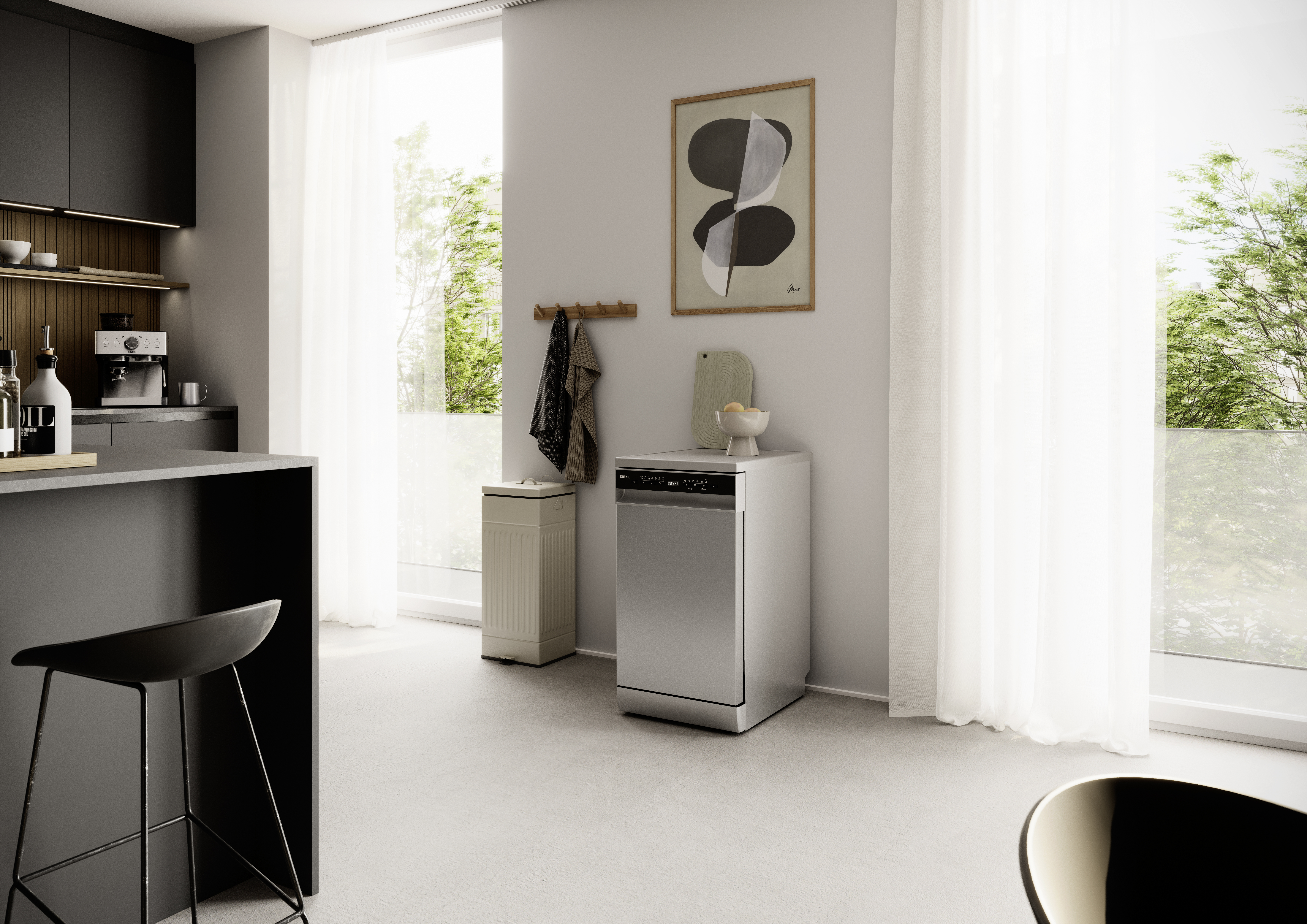 Moderne Küche mit silbernem Geschirrspüler, Beigefarbenem Mülleimer und Tresen.
