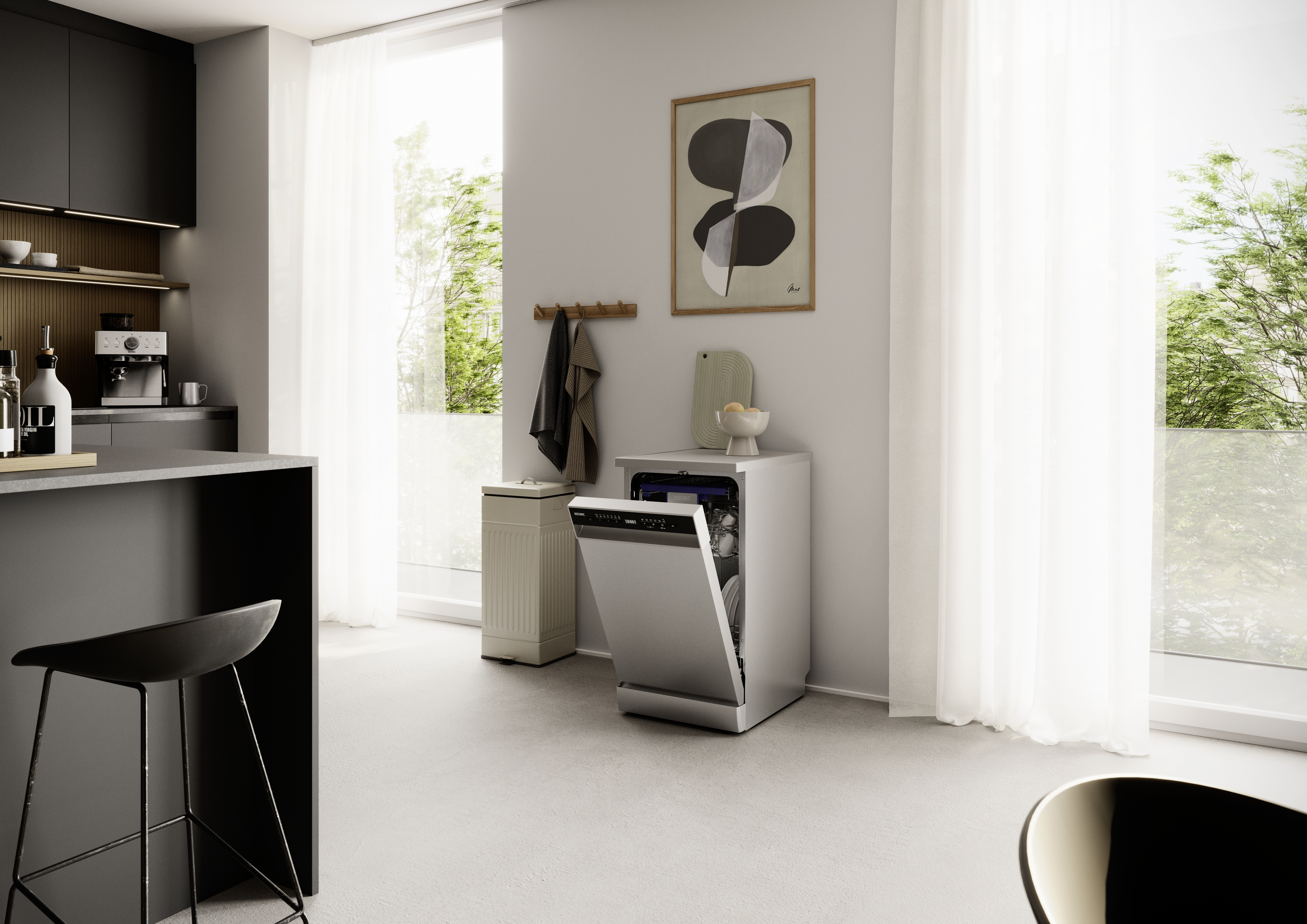 Moderne Küche mit geöffnetem Geschirrspüler, Bar und Fenstern mit Bäumen.