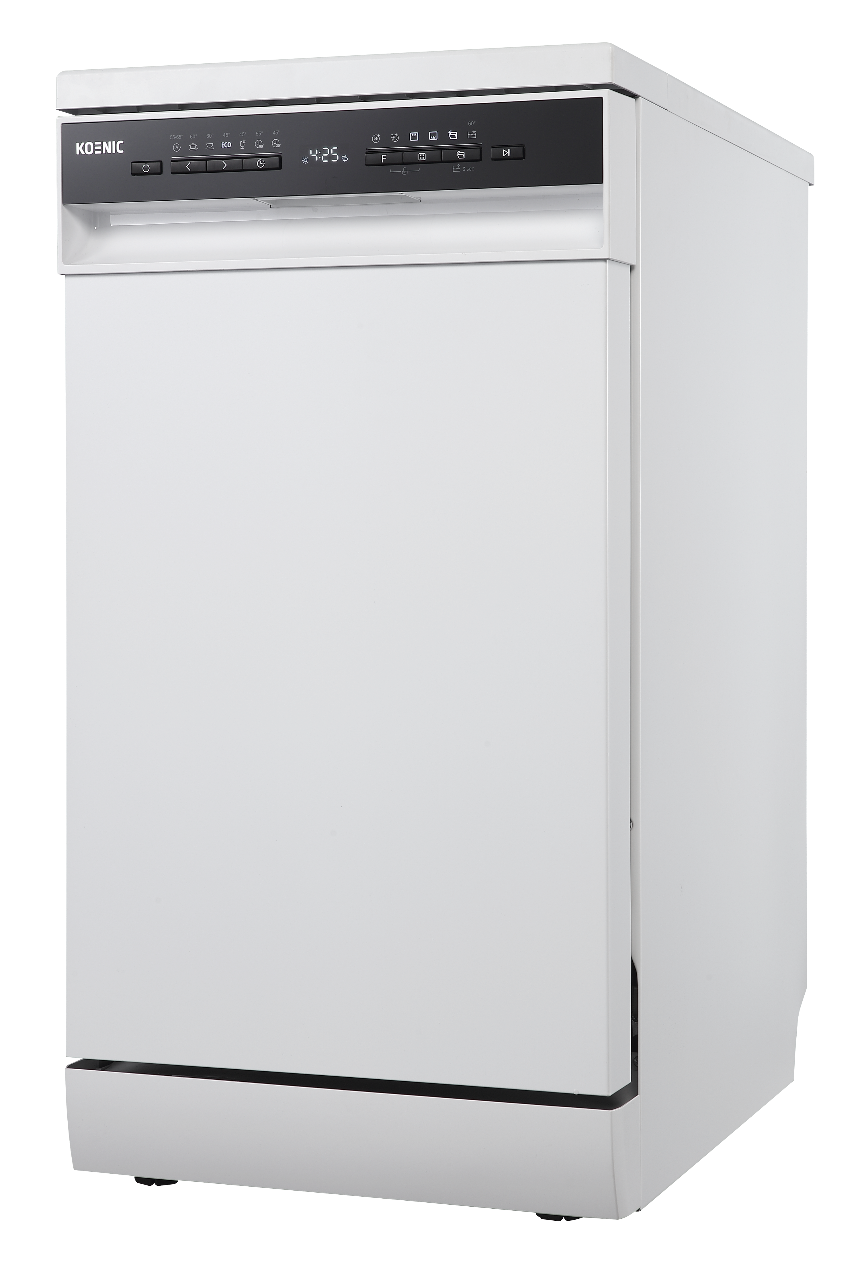 Weiße Spülmaschine mit schwarzem Bedienfeld und digitaler Anzeige 4:25.