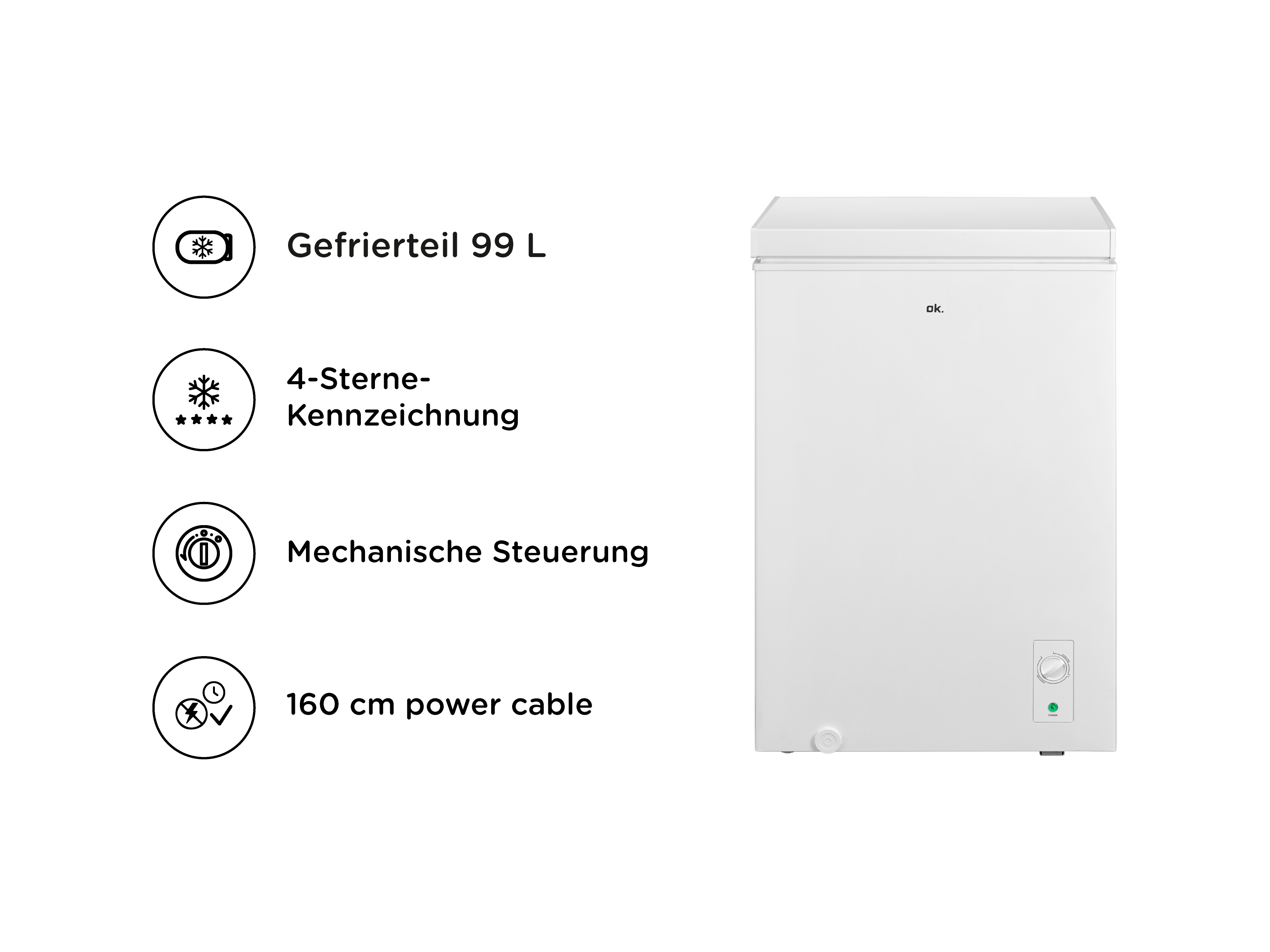 Ein weißer Truhengefrierschrank mit 99 L Fassungsvermögen und mechanischer Steuerung.