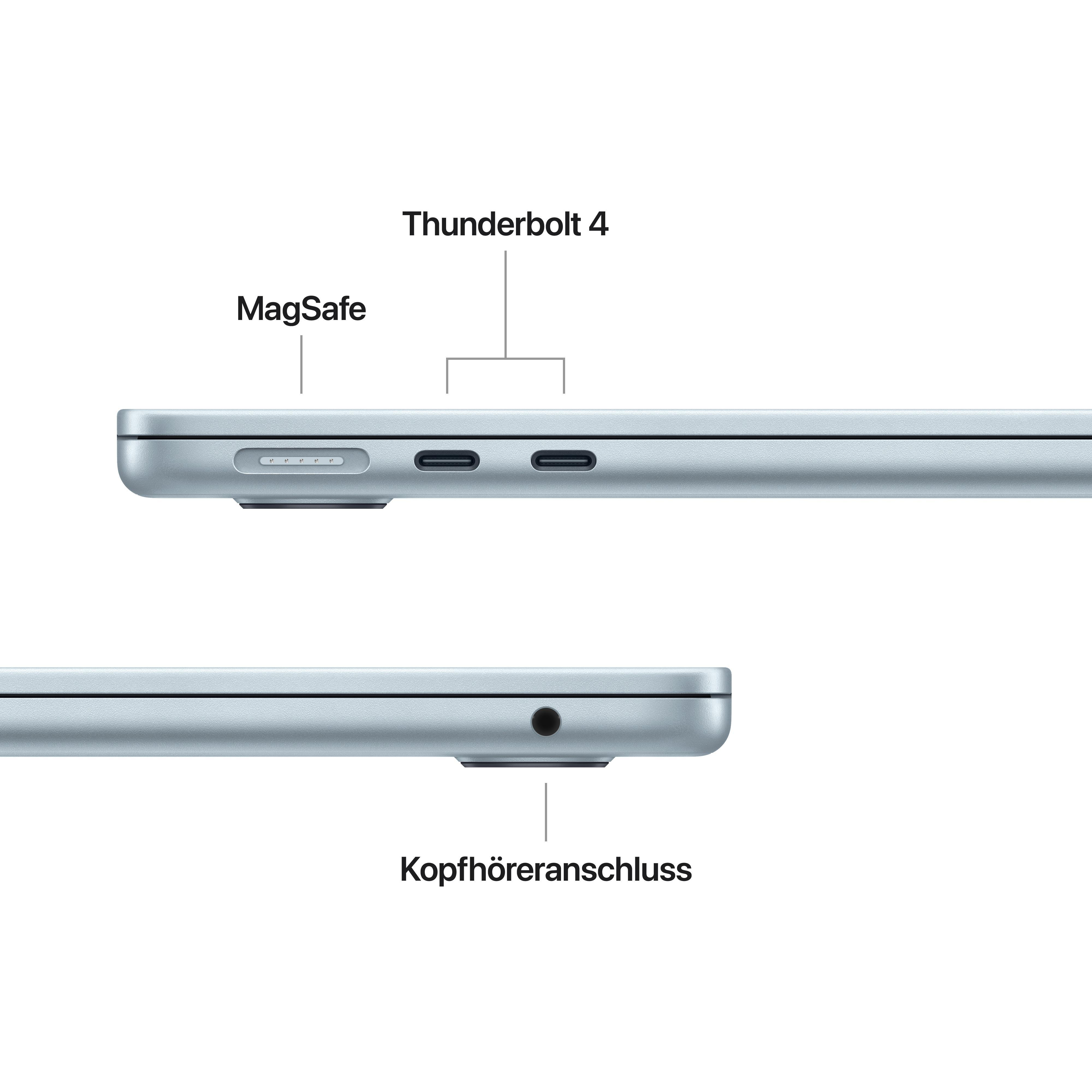 Nahaufnahme eines Laptops mit MagSafe, Thunderbolt 4 und Kopfhöreranschluss.