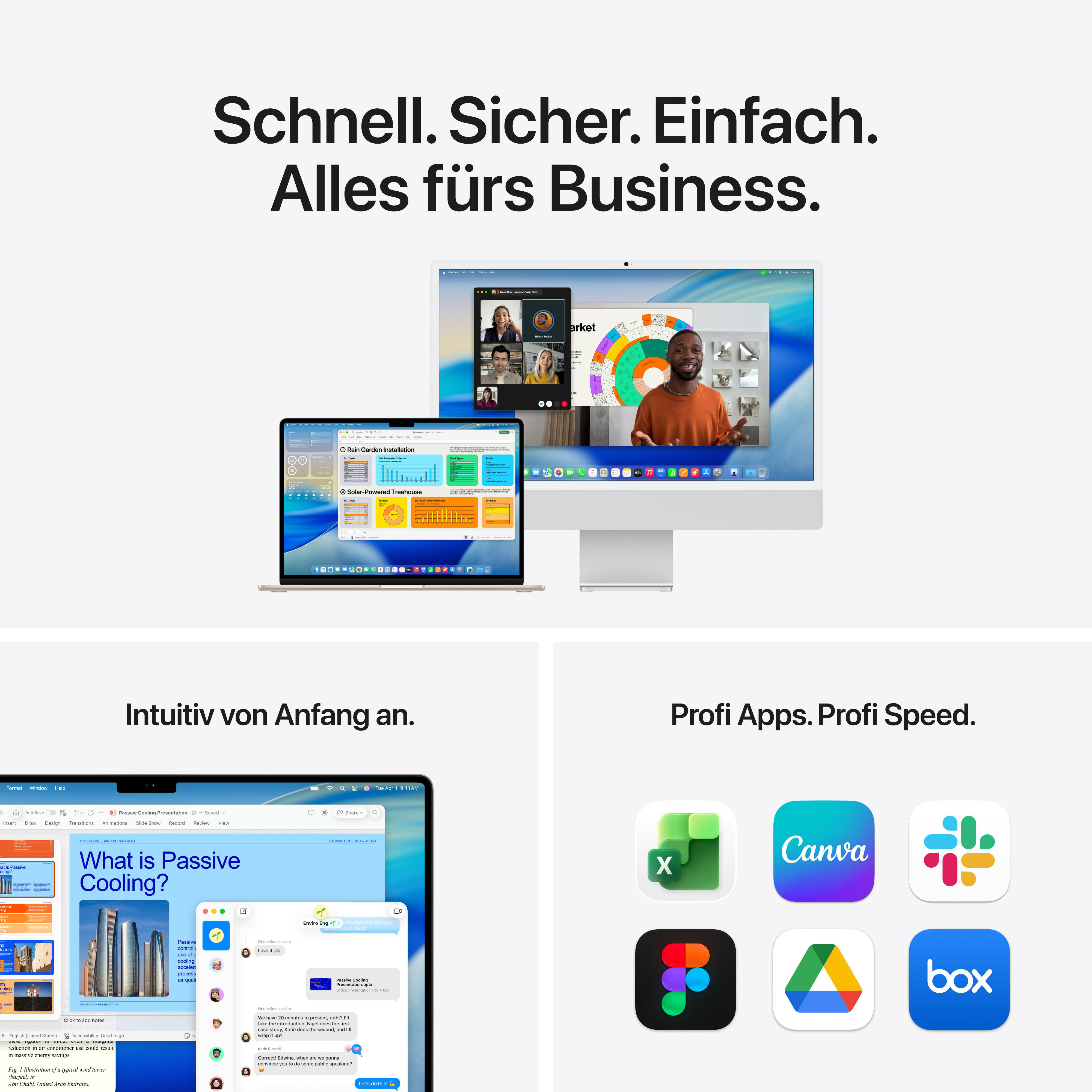 Ein iMac und ein MacBook zeigen Präsentationen und Videoanrufe. Darunter sind App-Icons.
