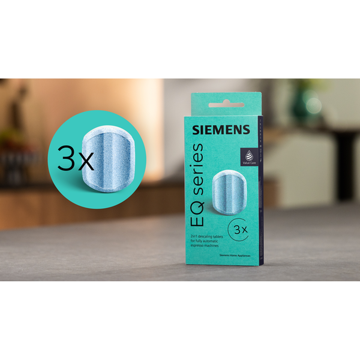 Pack of Siemens EQ Series descaling tablets, 3 pieces, with 3x symbol.