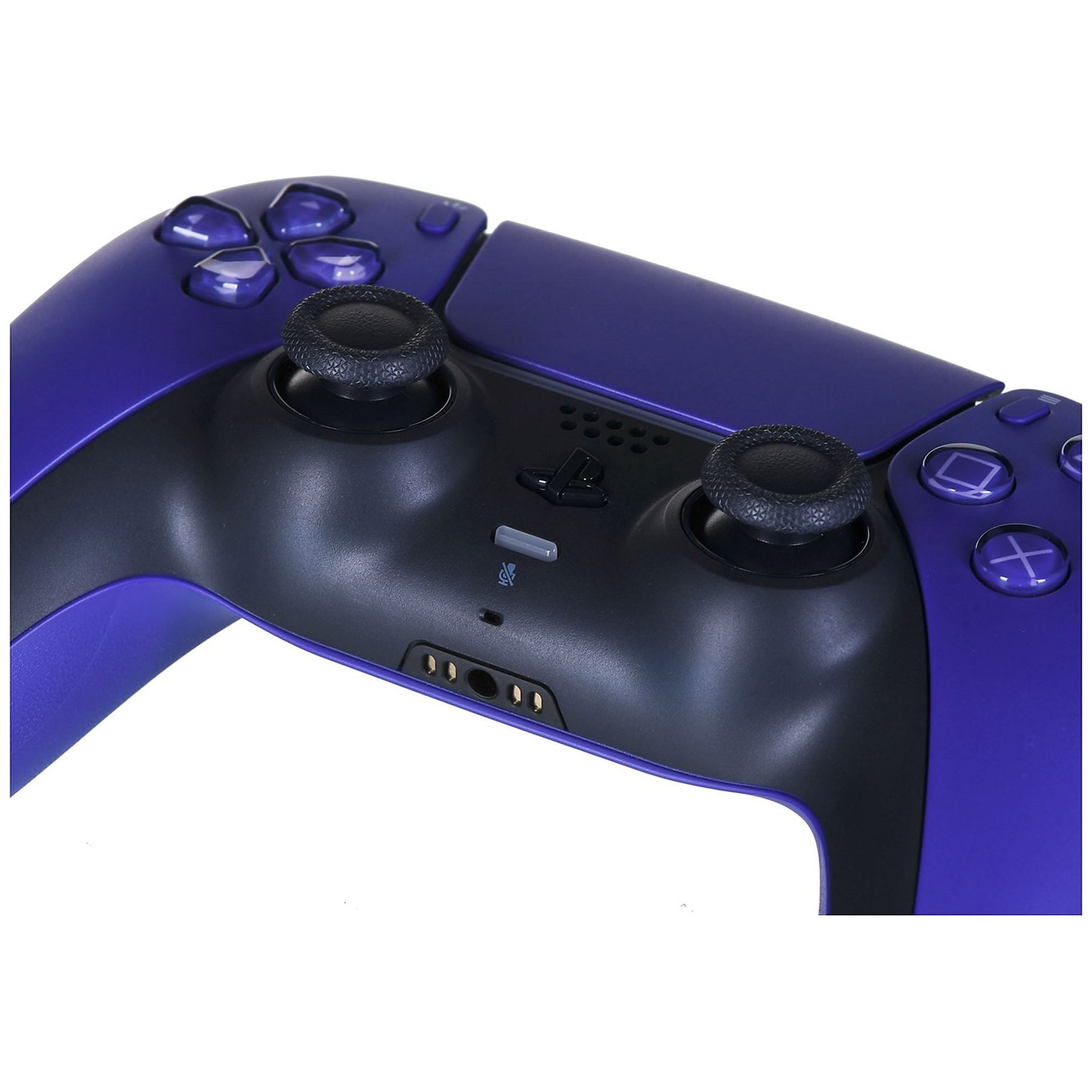 Een paarse gamecontroller met zwarte accenten, close-up.