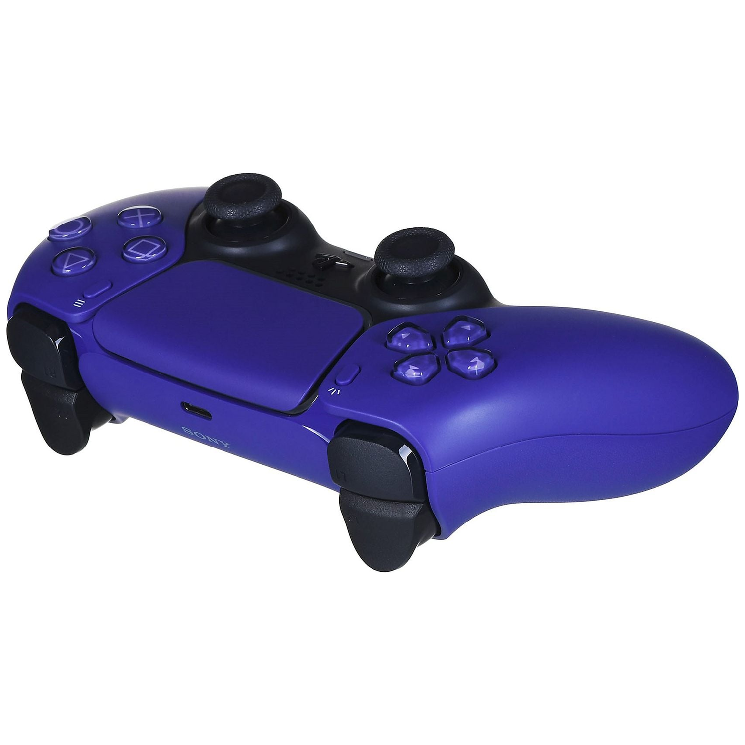 Een paarse PlayStation 5 controller met zwarte knoppen en joysticks.