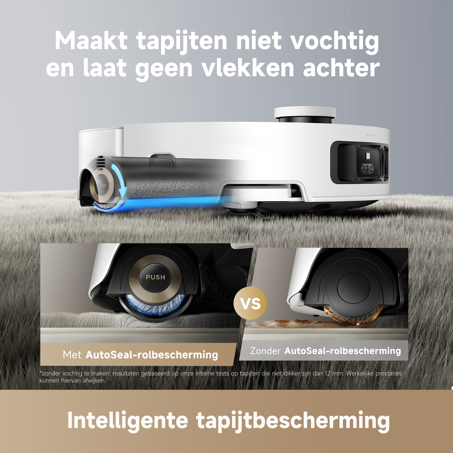 Een witte robotstofzuiger reinigt een tapijt en toont de AutoSeal functie.