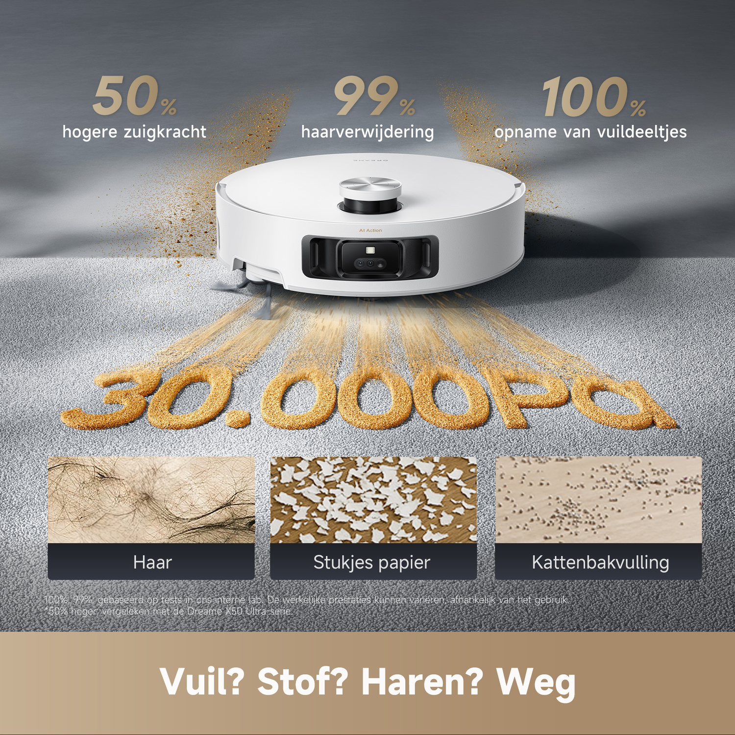 Een witte robotstofzuiger zuigt stof en vuil van de vloer op.