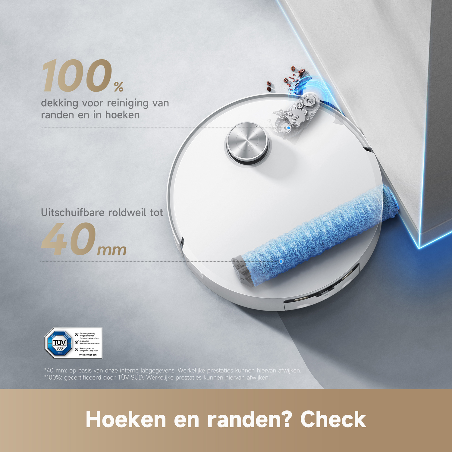 Een witte robotstofzuiger reinigt randen met een uitschuifbare borstel.