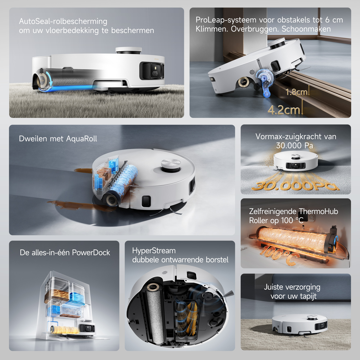 Witte robotstofzuiger op tapijt met rolsysteem en AutoSeal bescherming.