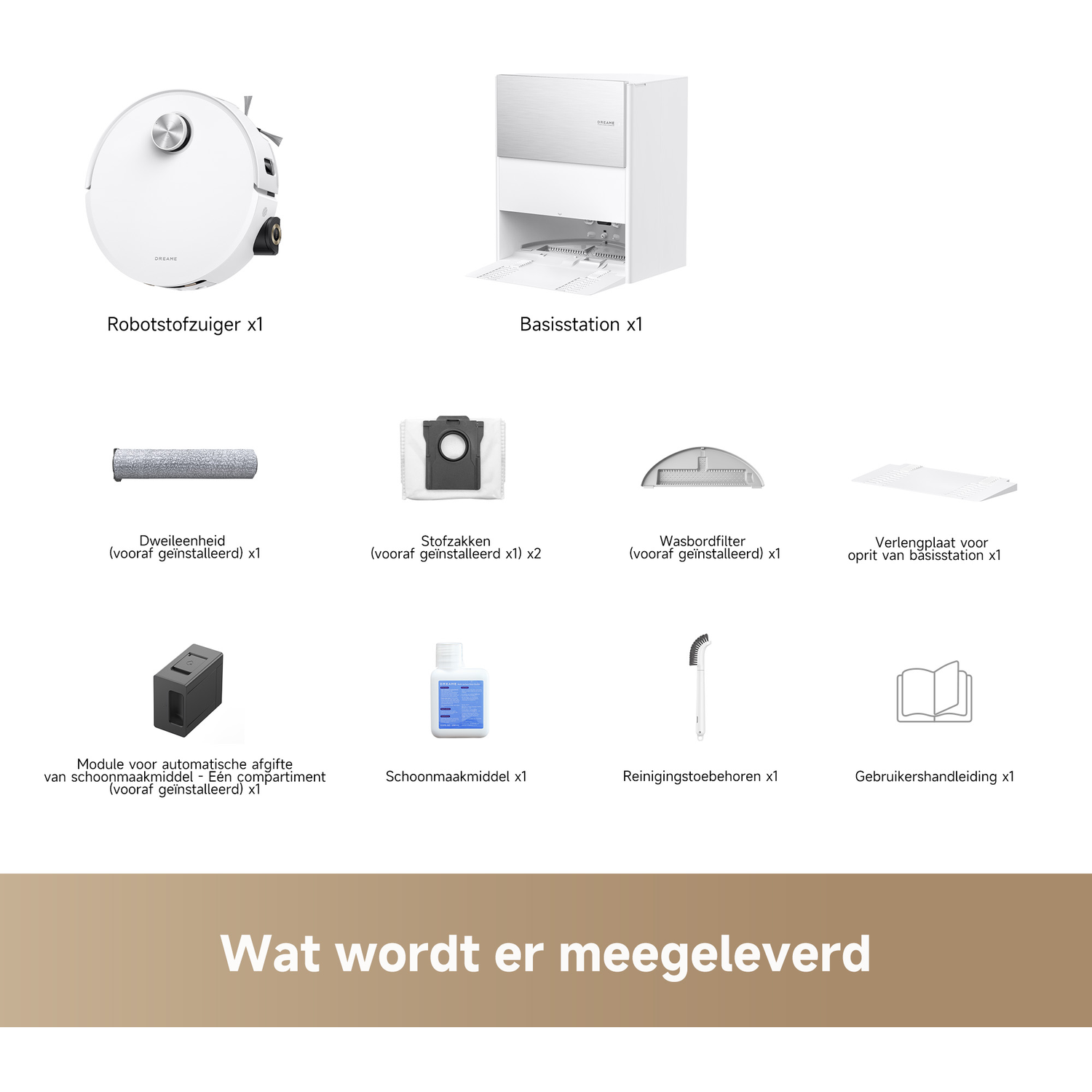 Een witte robotstofzuiger en een wit laadstation met accessoires.