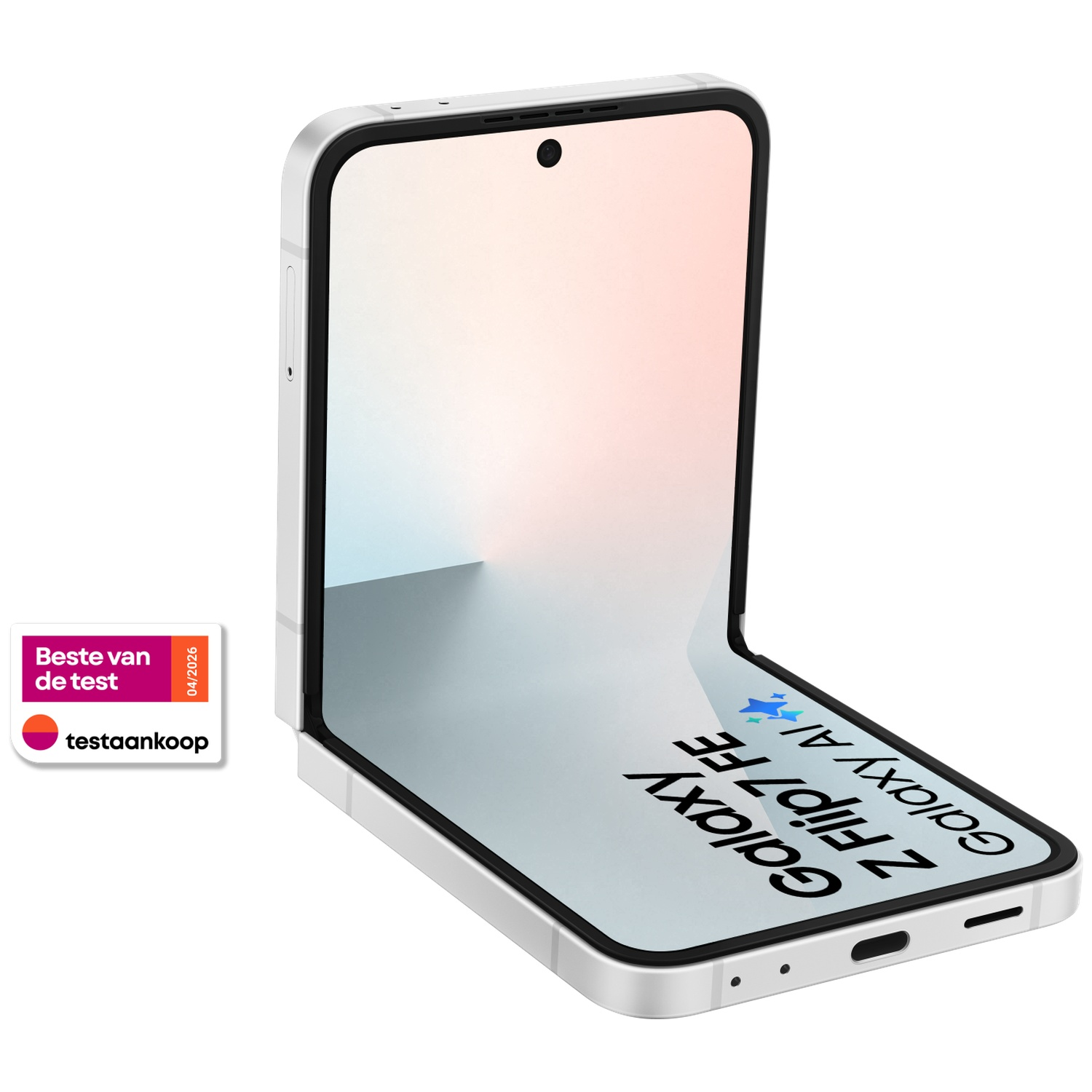 A silver foldable phone with its screen open, resting on a surface.