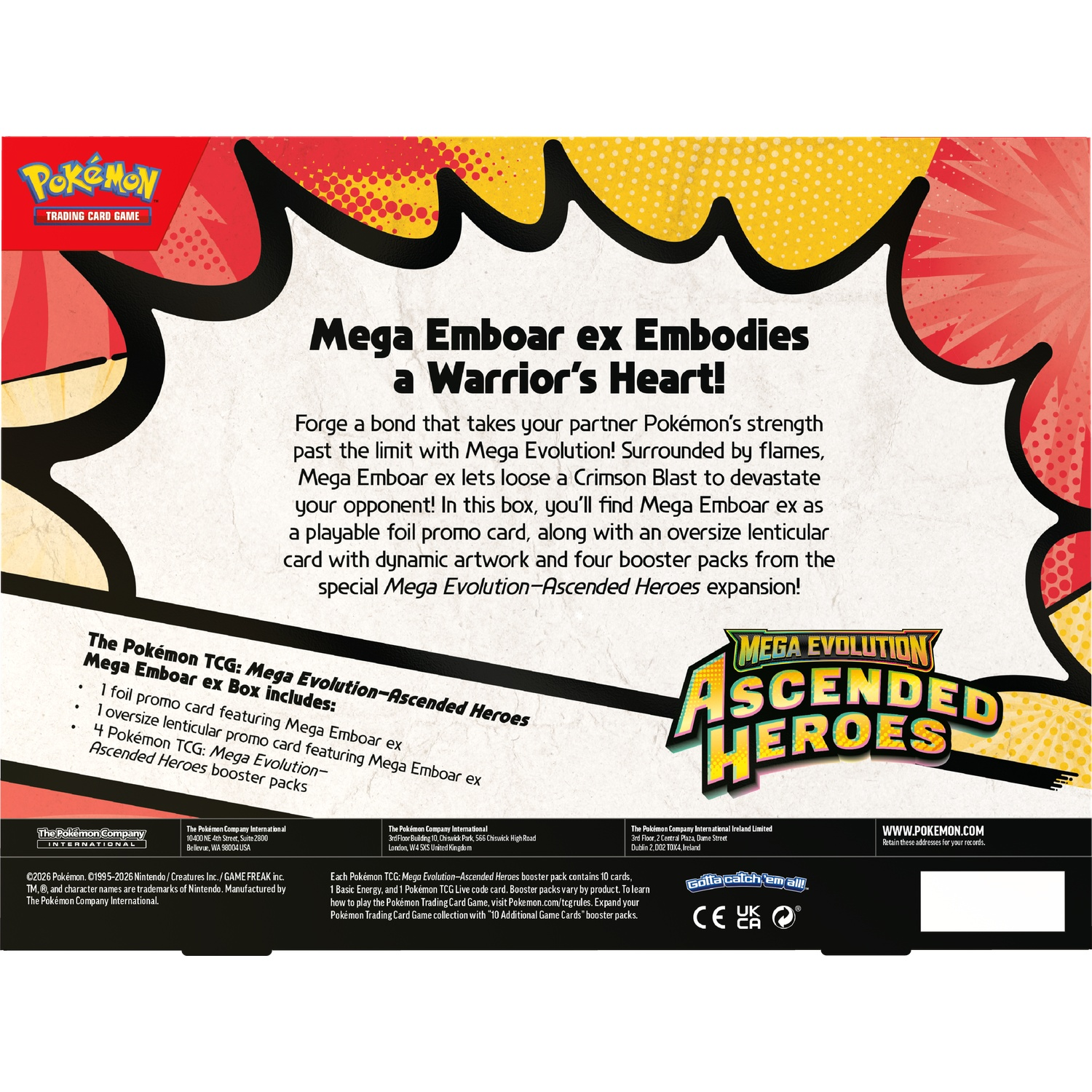 Pokémon TCG: Mega Emboar ex Box includes promo card, lenticular card & 4 booster packs.