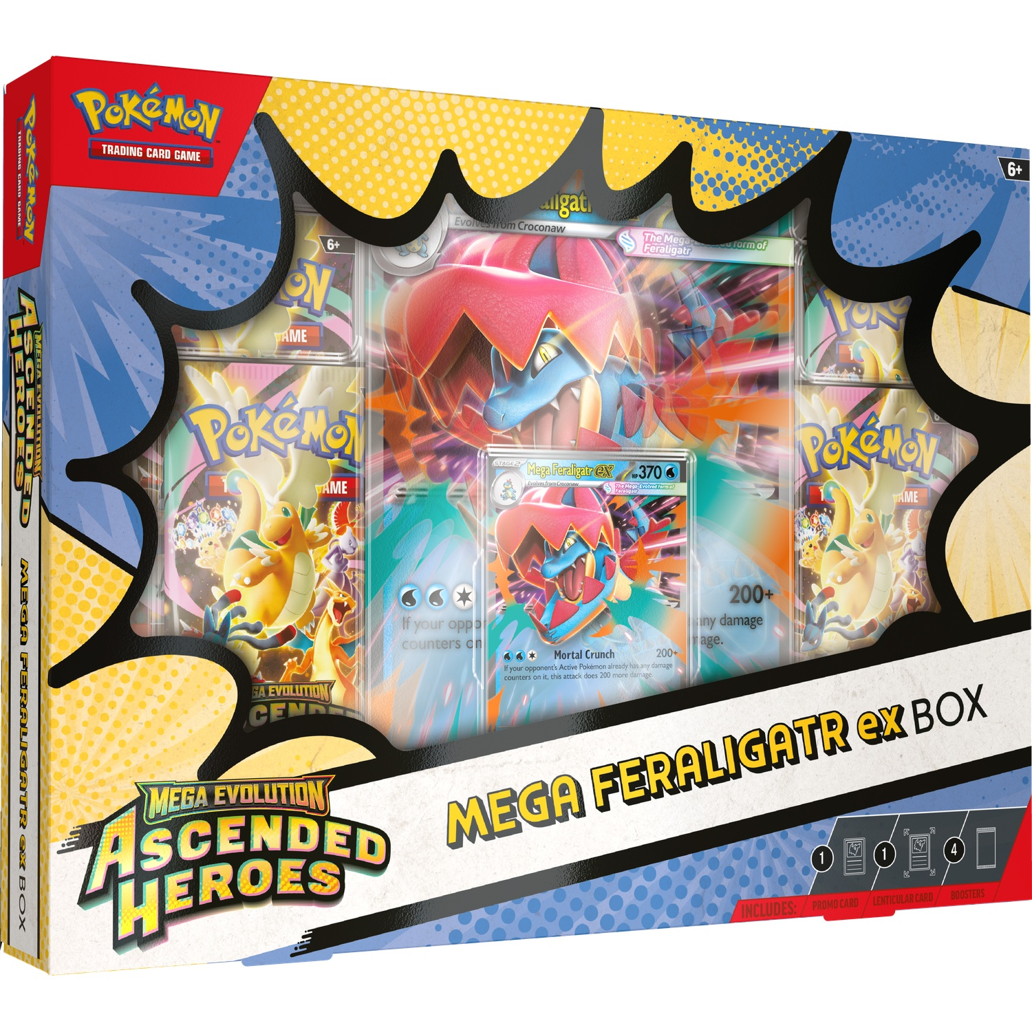 Pokémon TCG Mega Feraligatr EX box with promo cards, lenticular card, and boosters.