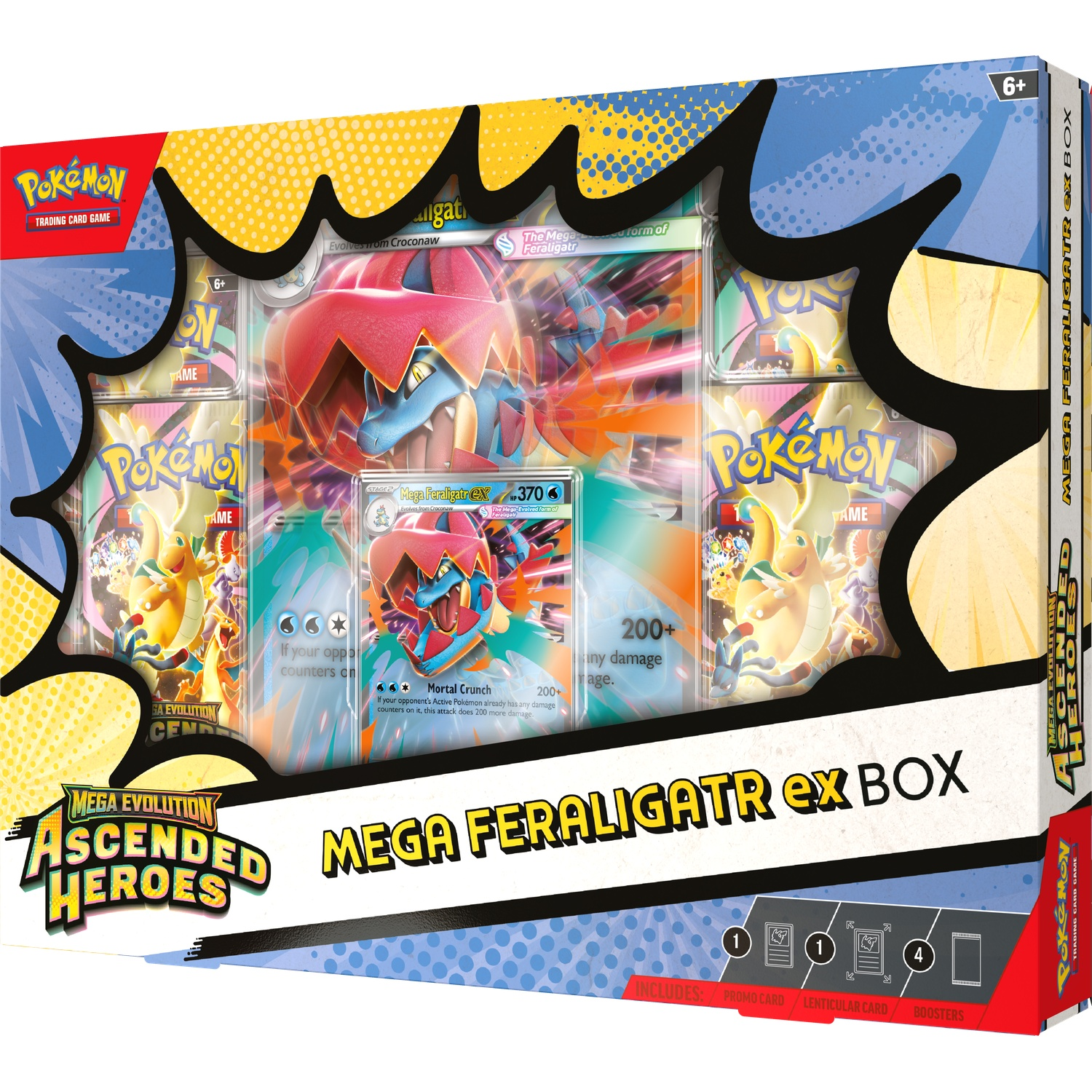 Mega Feraligatr EX Box featuring Pokémon cards and promos. Blue, yellow, red.
