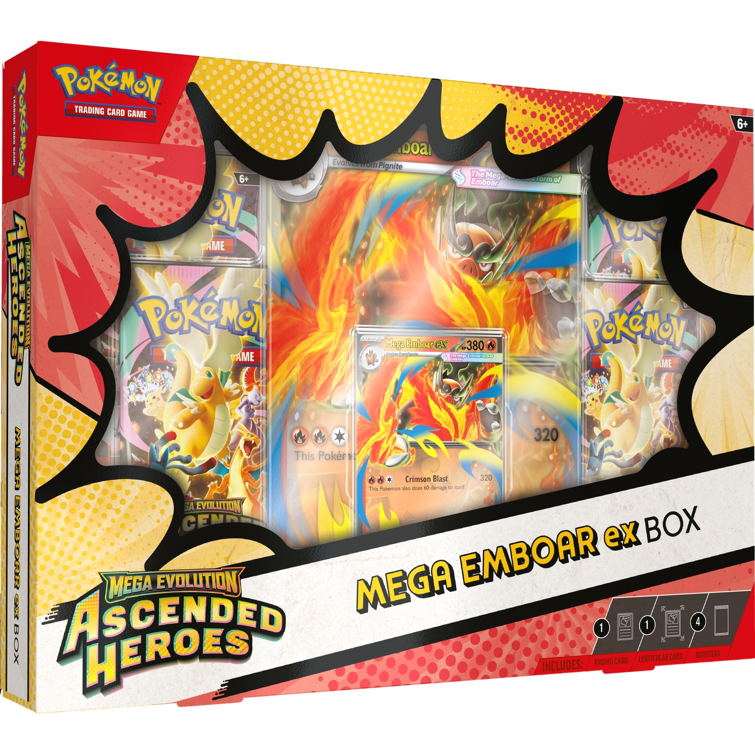 Pokémon TCG Mega Emboar ex Box with cards and boosters. Features Mega Emboar.