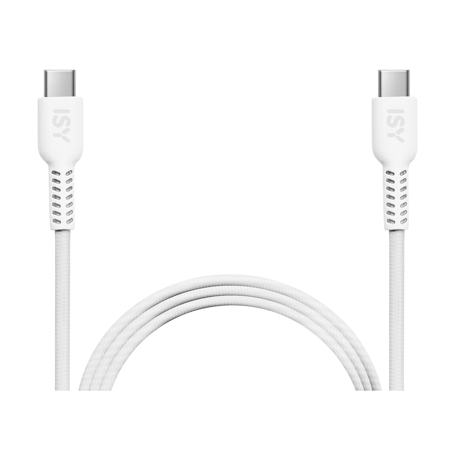 Due cavi di ricarica ISY USB-C bianchi con treccia in tessuto e connettori argentati.