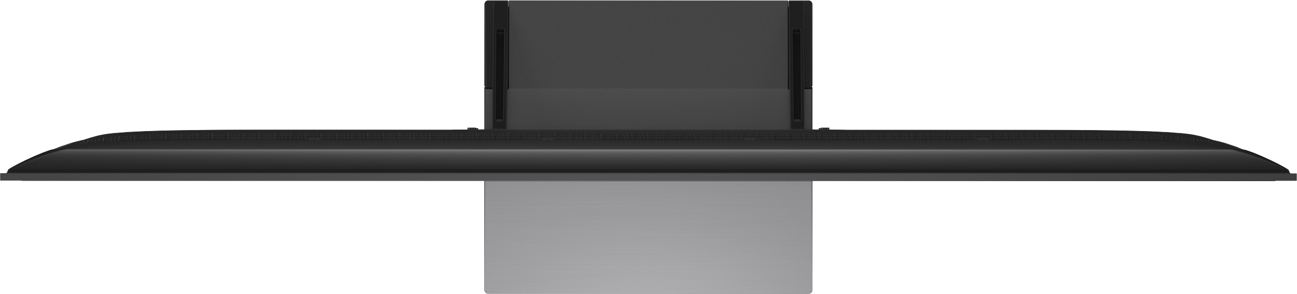 Ein schwarzer Fernseher mit einem schmalen Standfuß, von oben gesehen.