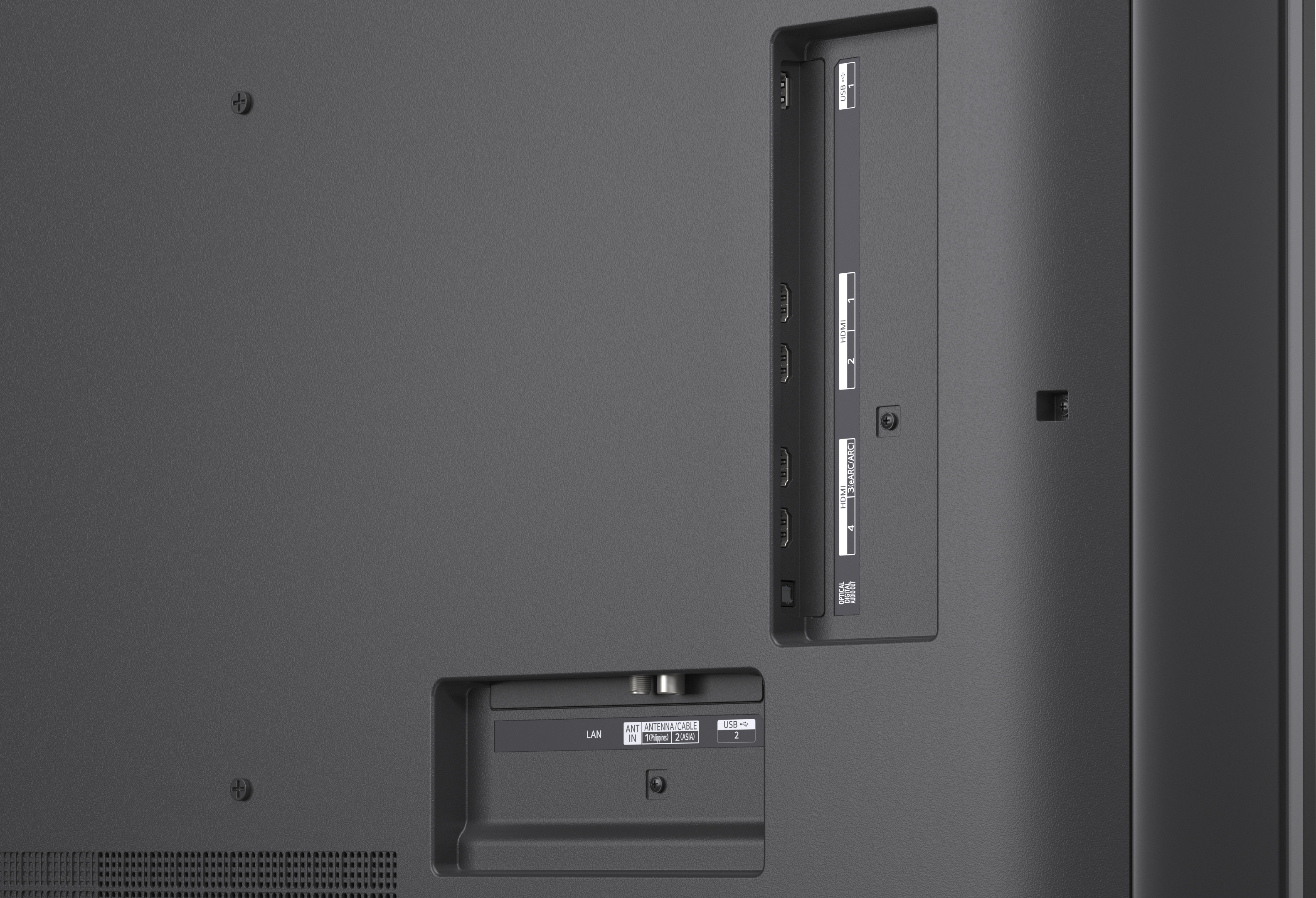 Rückseite eines Fernsehers mit Anschlüssen: LAN, USB, HDMI und optischem Audioausgang.