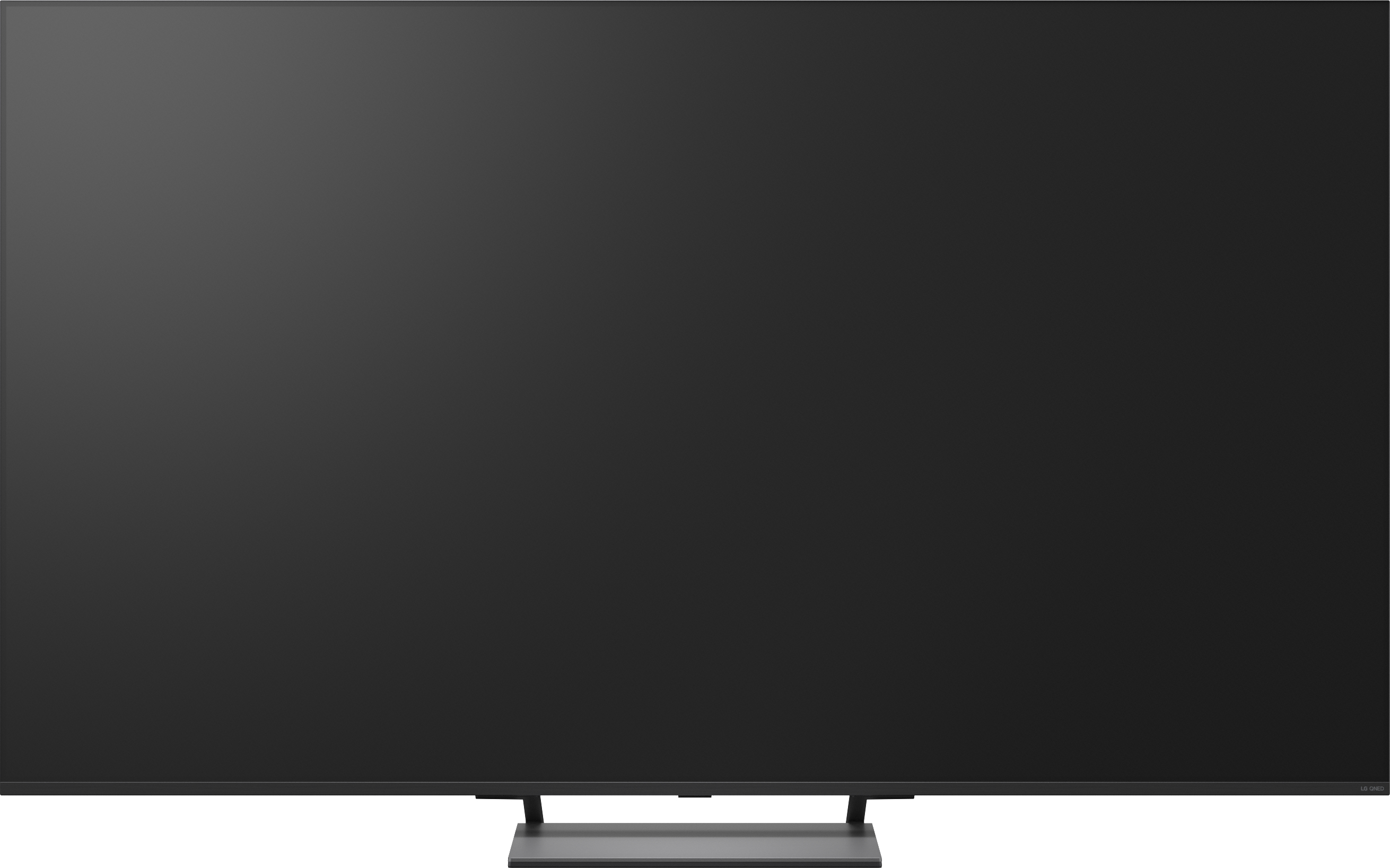 Ein dunkler Fernseher mit einem silbernen Ständer steht vor einem weißen Hintergrund.