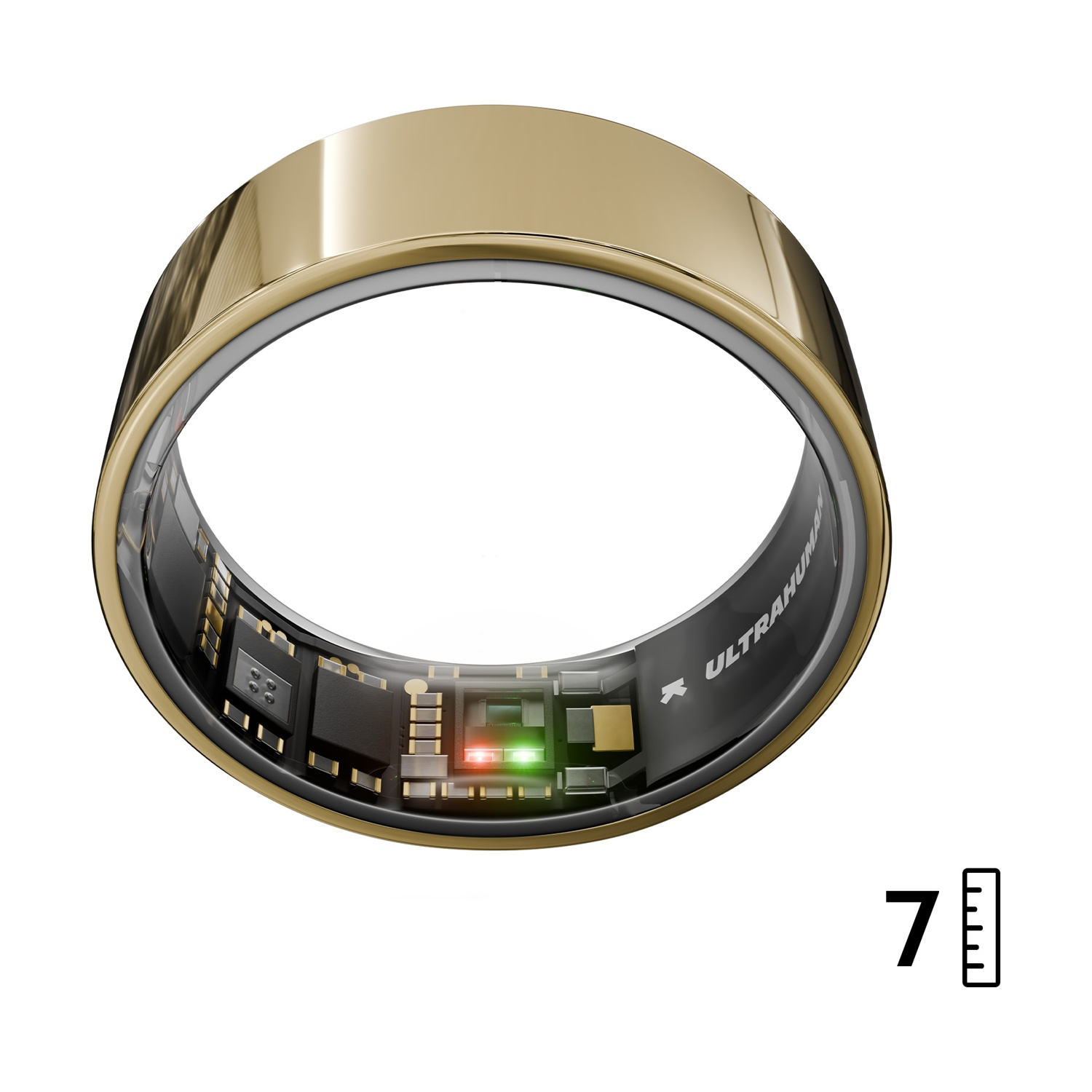 Anello dorato che mostra componenti elettronici interni, luci verdi/rosse e il numero 7.