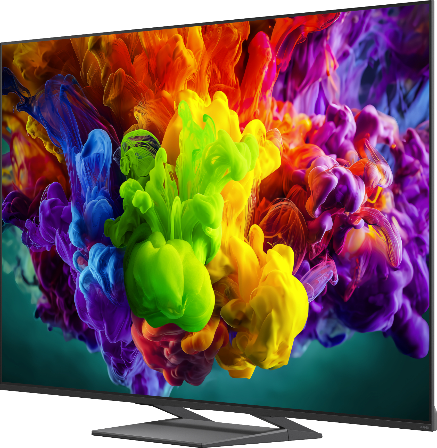 Ein moderner Fernseher zeigt ein lebendiges Bild aus sich ausbreitender Farbe in Blau, Grün, Gelb und Orange.