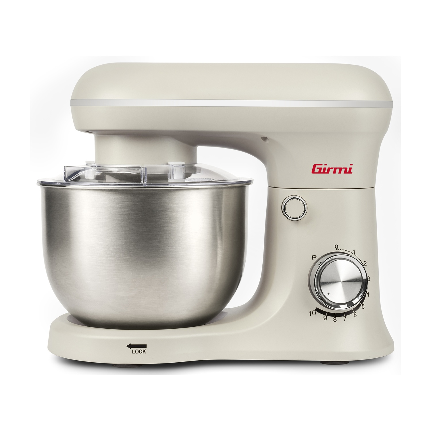 Un robot da cucina color crema con ciotola in acciaio inox e coperchio trasparente.