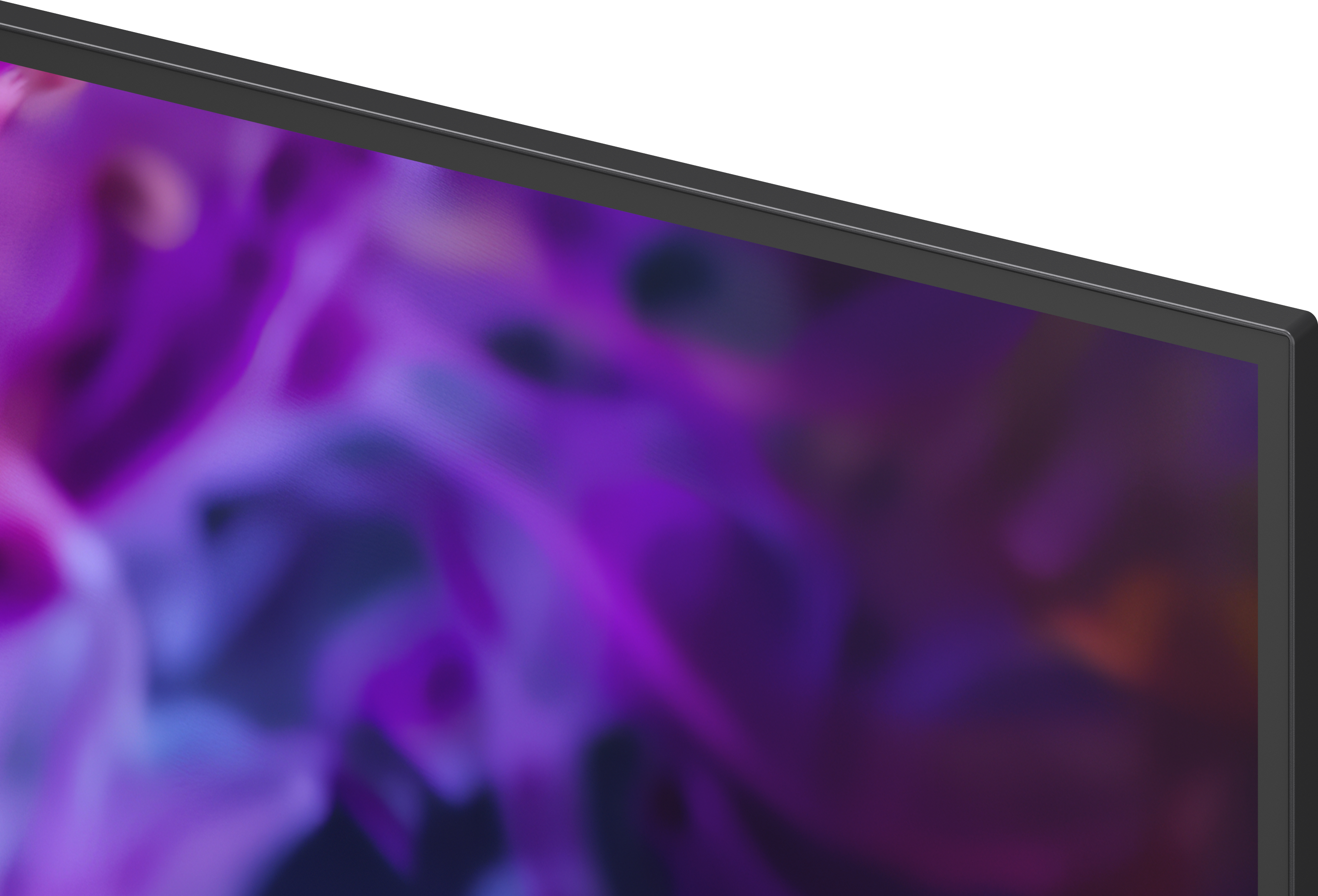 Nahaufnahme eines schwarzen Monitors mit lila und blauen wirbelnden Mustern.