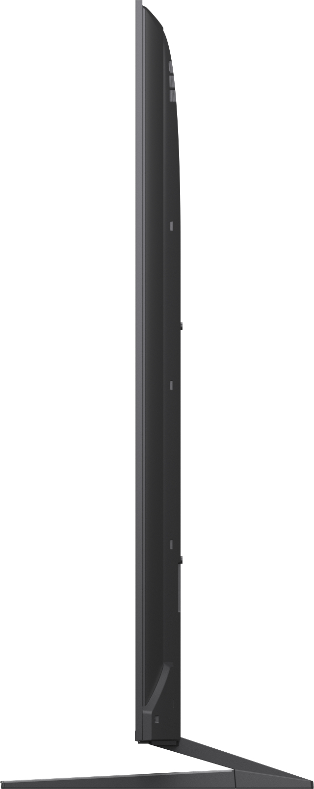 Seitenansicht eines schlanken schwarzen Fernsehers mit einem schmalen Ständer.
