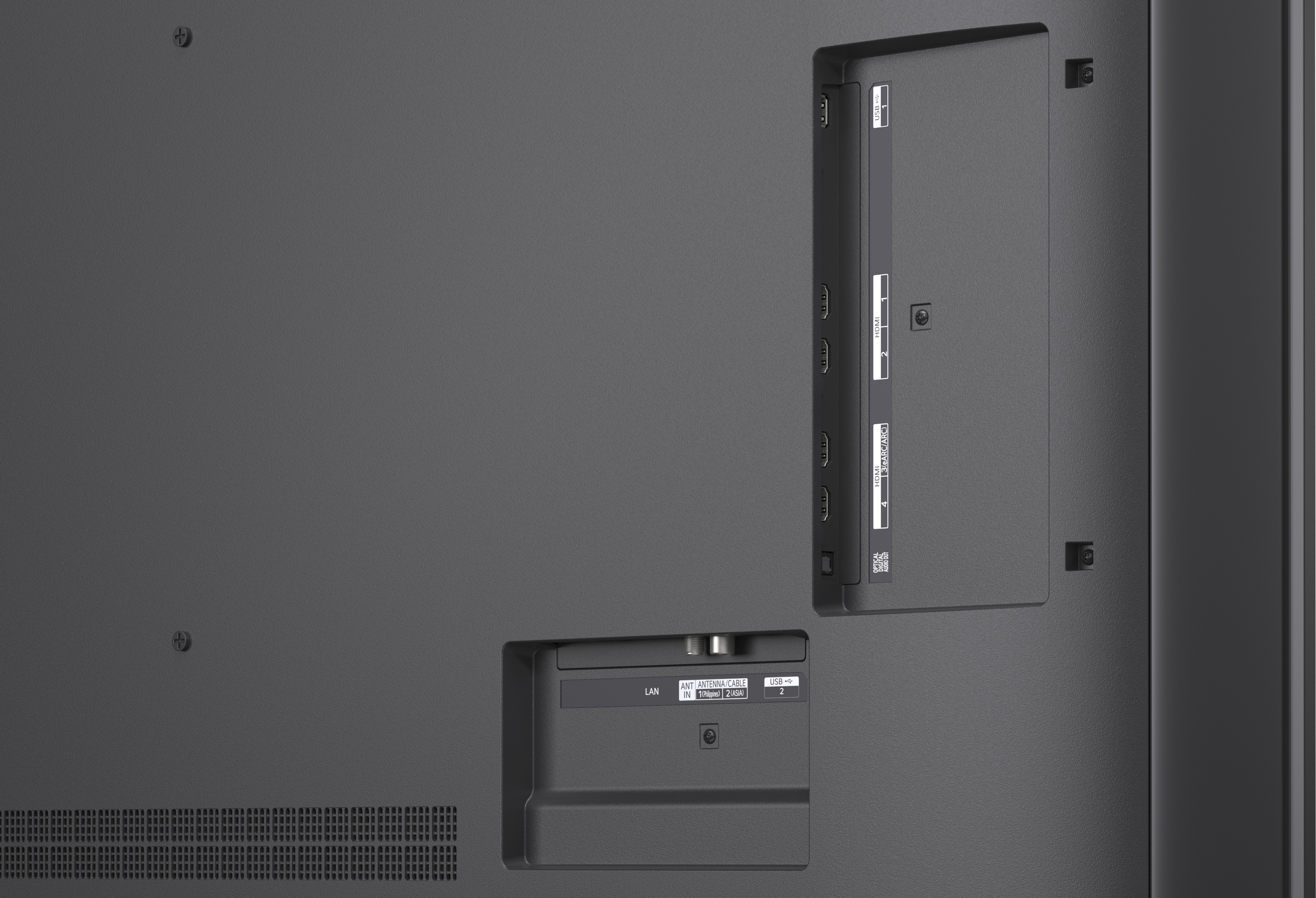 Rückseite eines Fernsehers mit Anschlüssen: LAN, Antenne, USB und HDMI.