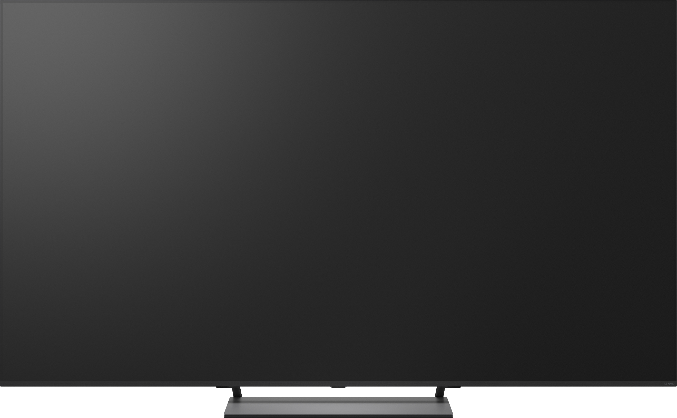 Ein moderner, dunkler Fernseher mit einem schmalen Standfuß.