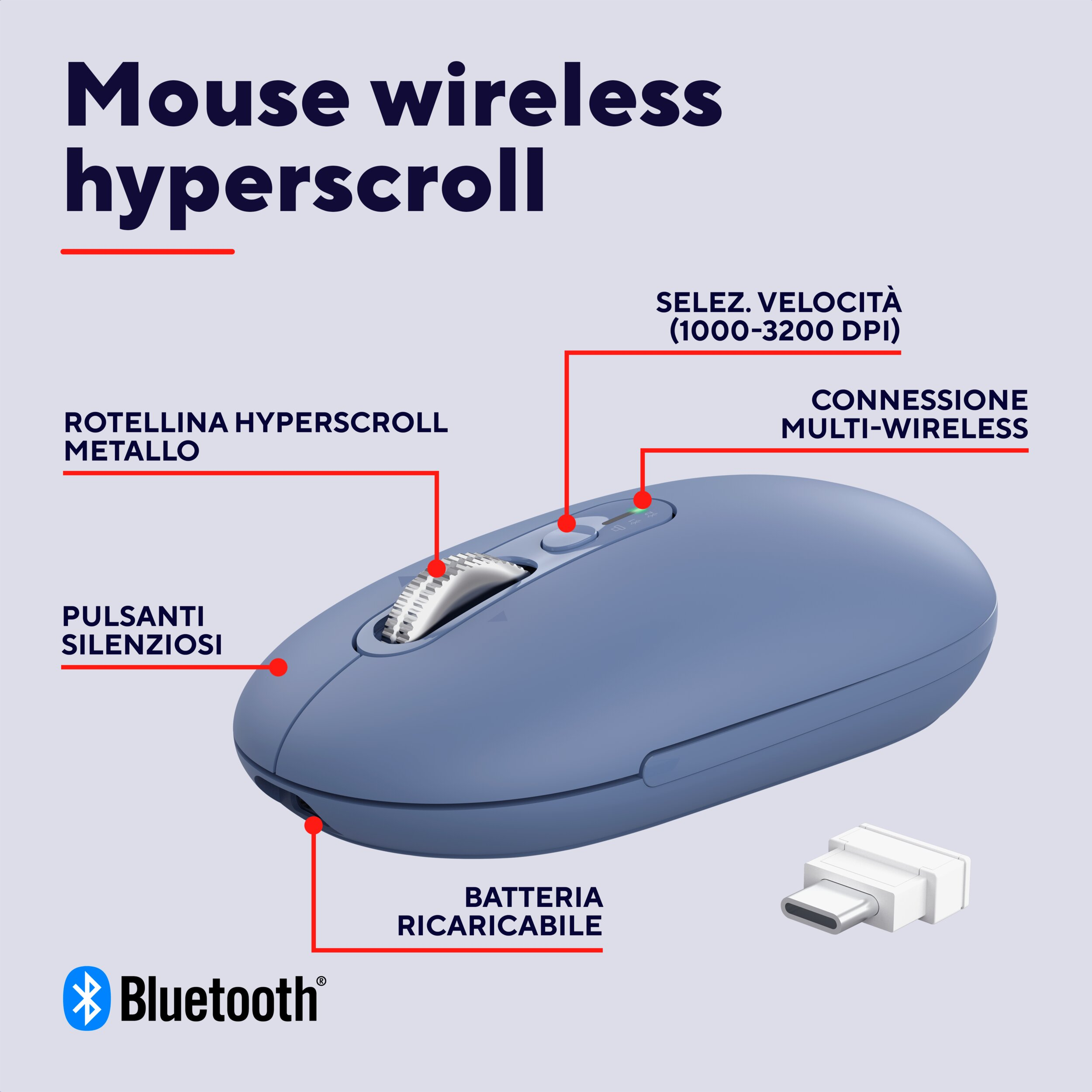 Un mouse wireless blu con rotellina metallica, pulsanti silenziosi, USB-C e Bluetooth.