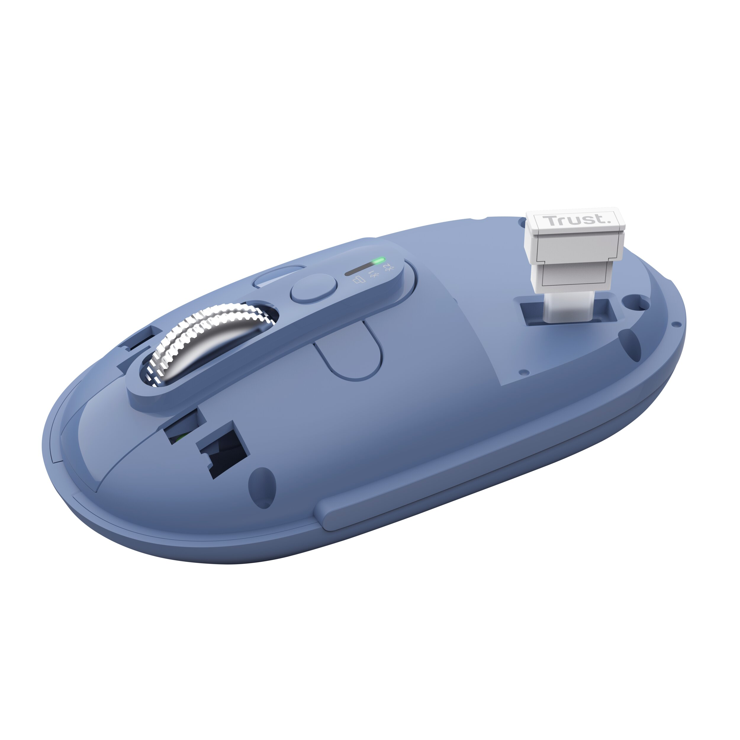 Mouse per computer blu con rotella di scorrimento e ricevitore con logo Trust.
