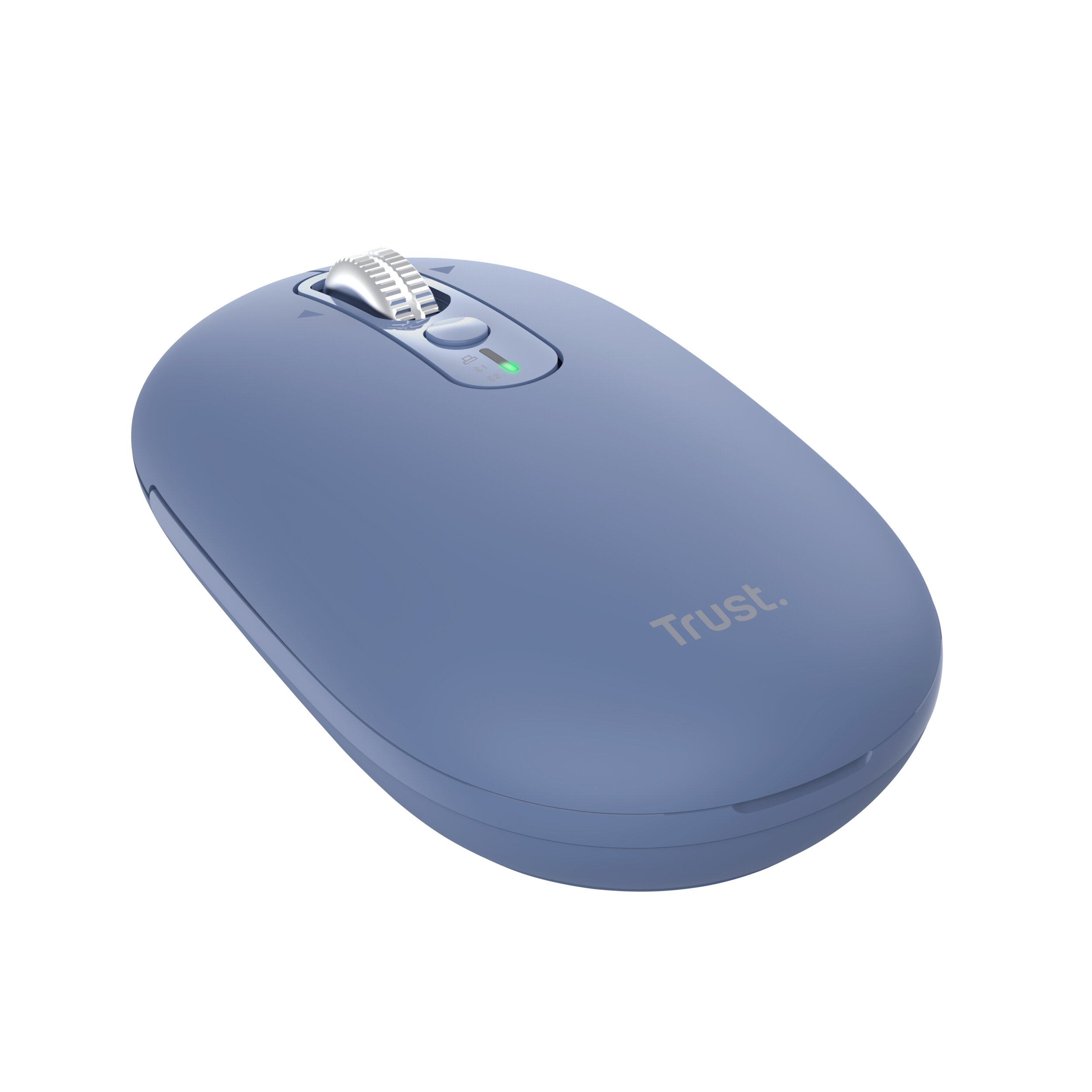 Un mouse blu per computer con rotellina di scorrimento argentata e spia verde.