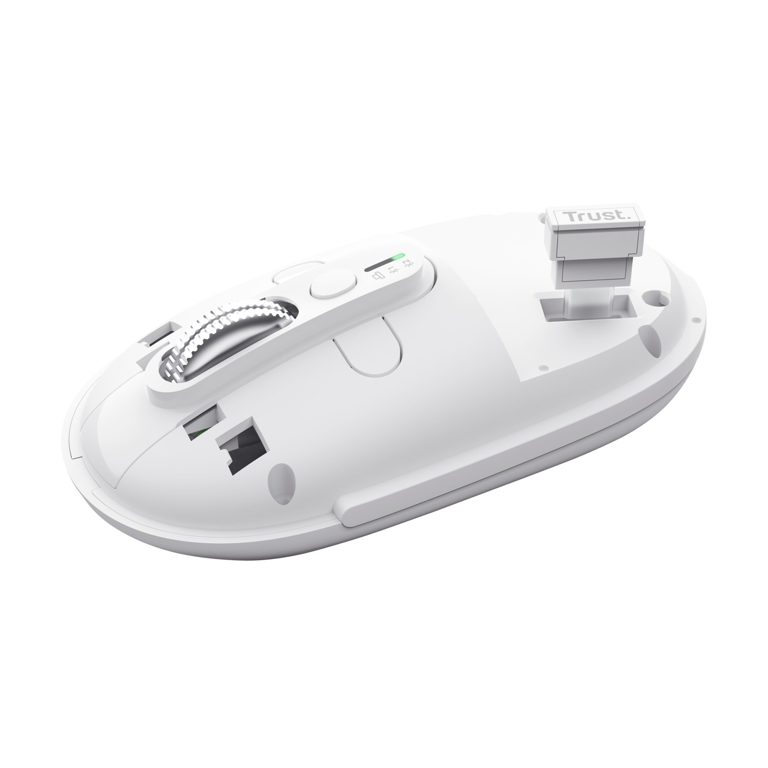 Mouse bianco Trust con rotella e vano batteria.