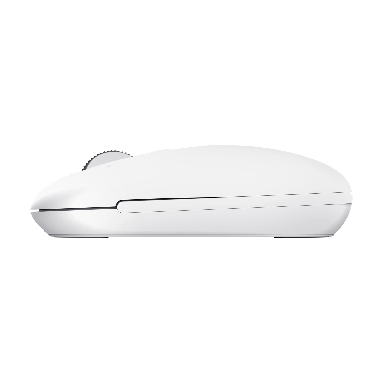 Mouse per computer bianco visto di lato. Ha una rotellina di scorrimento nera.