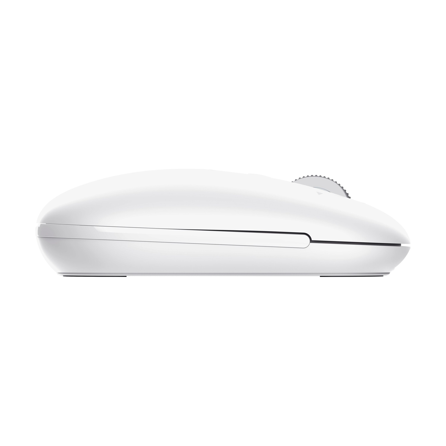 Un mouse bianco per computer con rotellina di scorrimento, vista laterale.