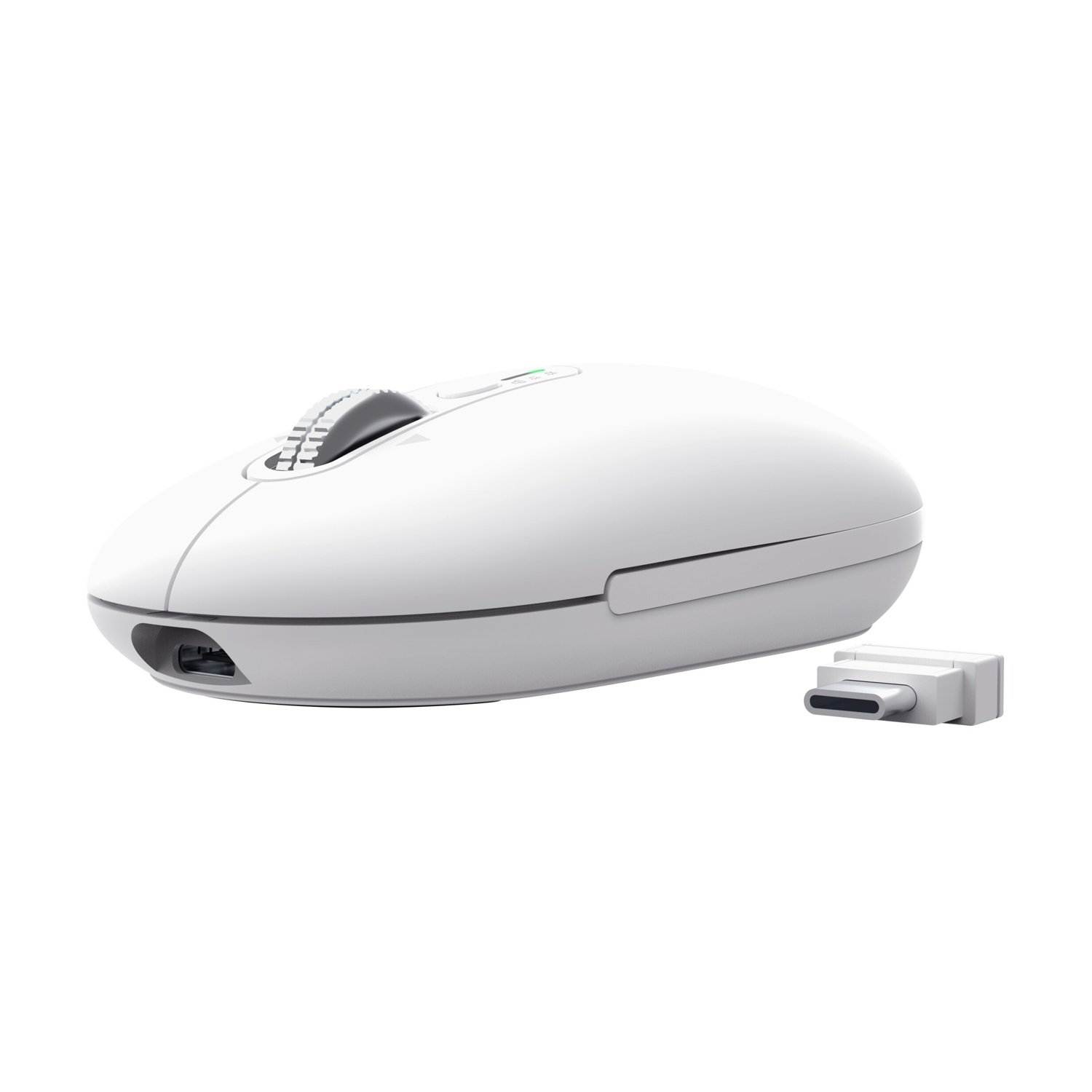Un mouse bianco con adattatore USB-C su sfondo bianco.