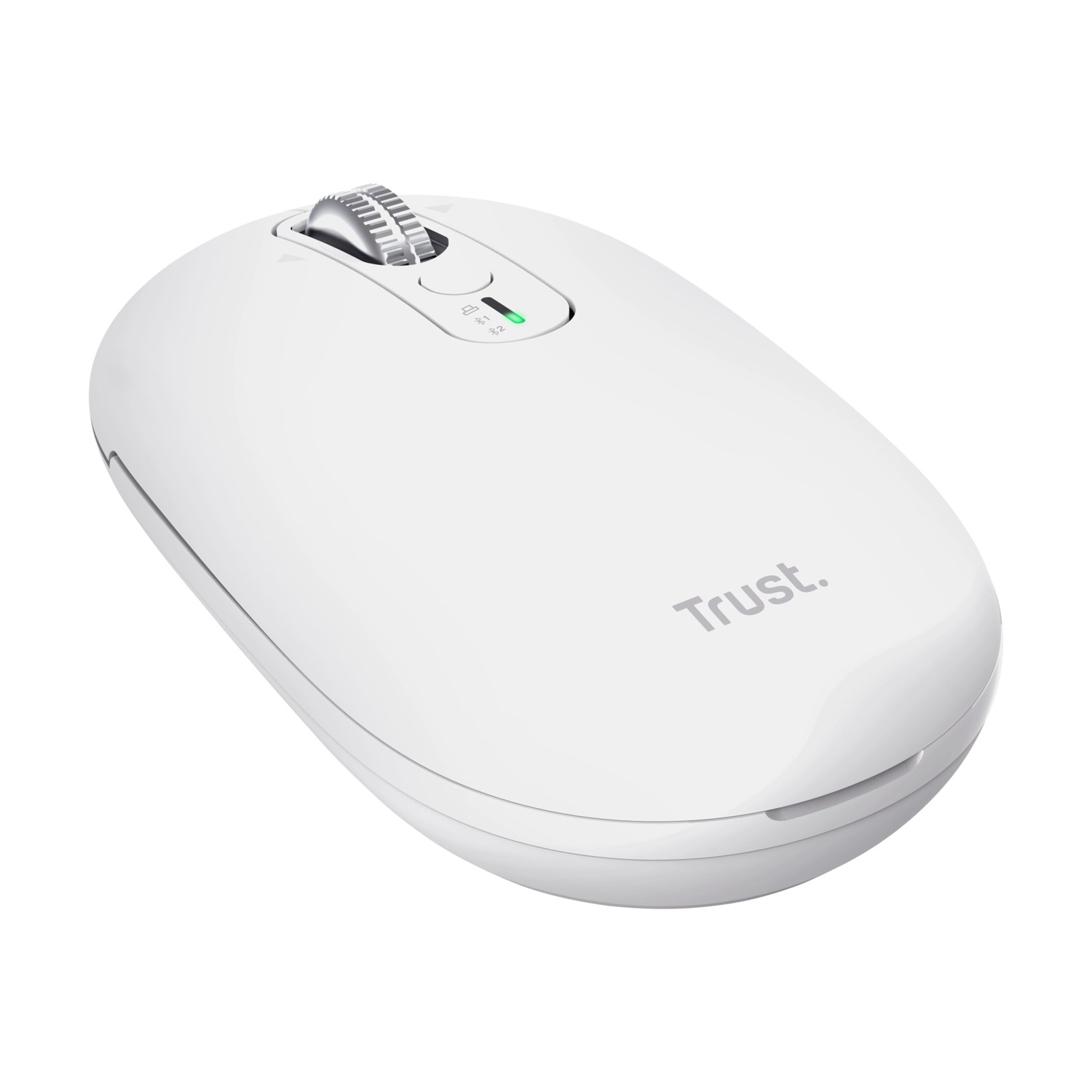 Un mouse bianco wireless con rotella argentata e luce verde.