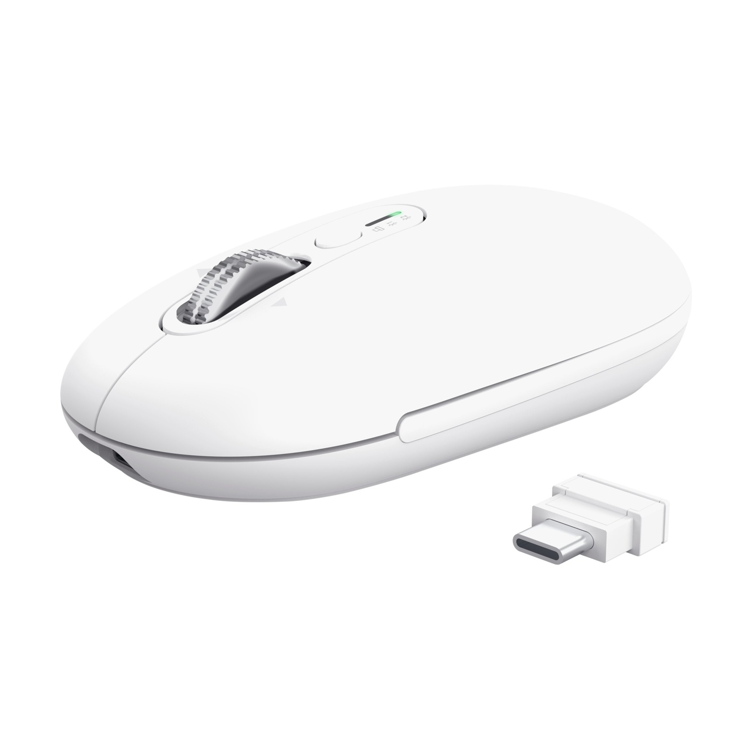 Mouse bianco per computer con dongle USB-C su sfondo bianco.